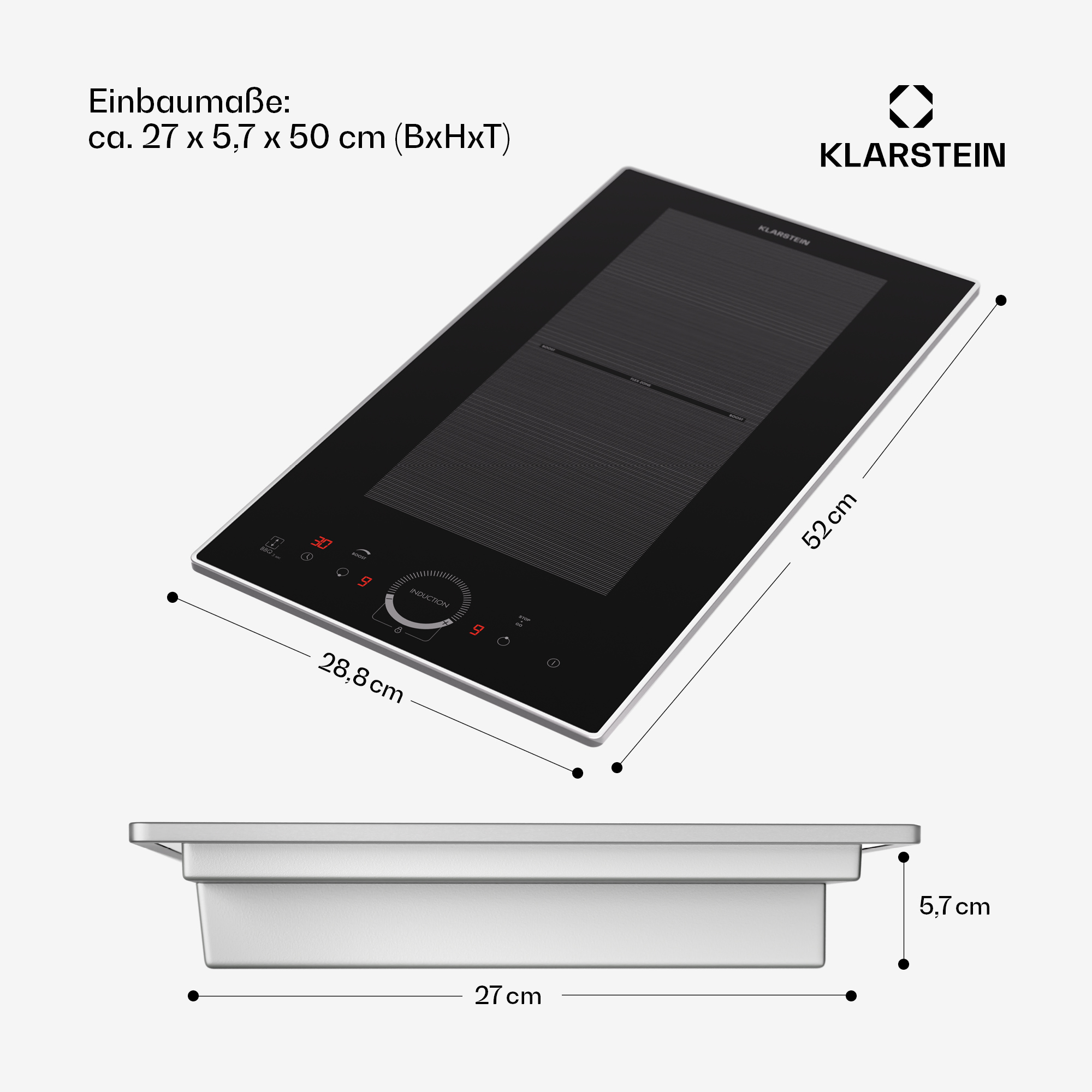 Placa de inducción negra con medidas. El producto se muestra sobre un fondo blanco.