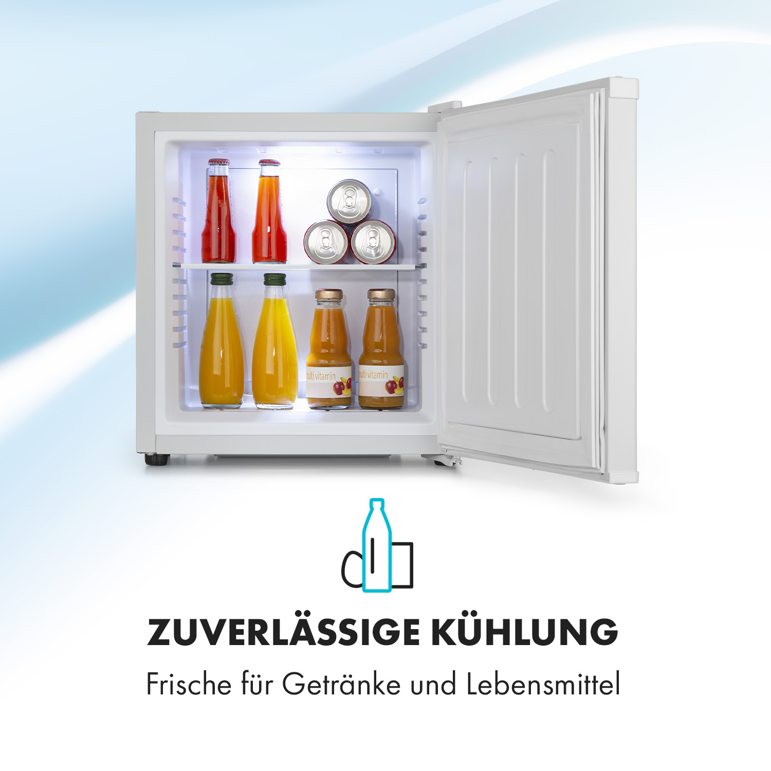 Minikühlschrank mit Getränken. Text: Zuverlässige Kühlung.