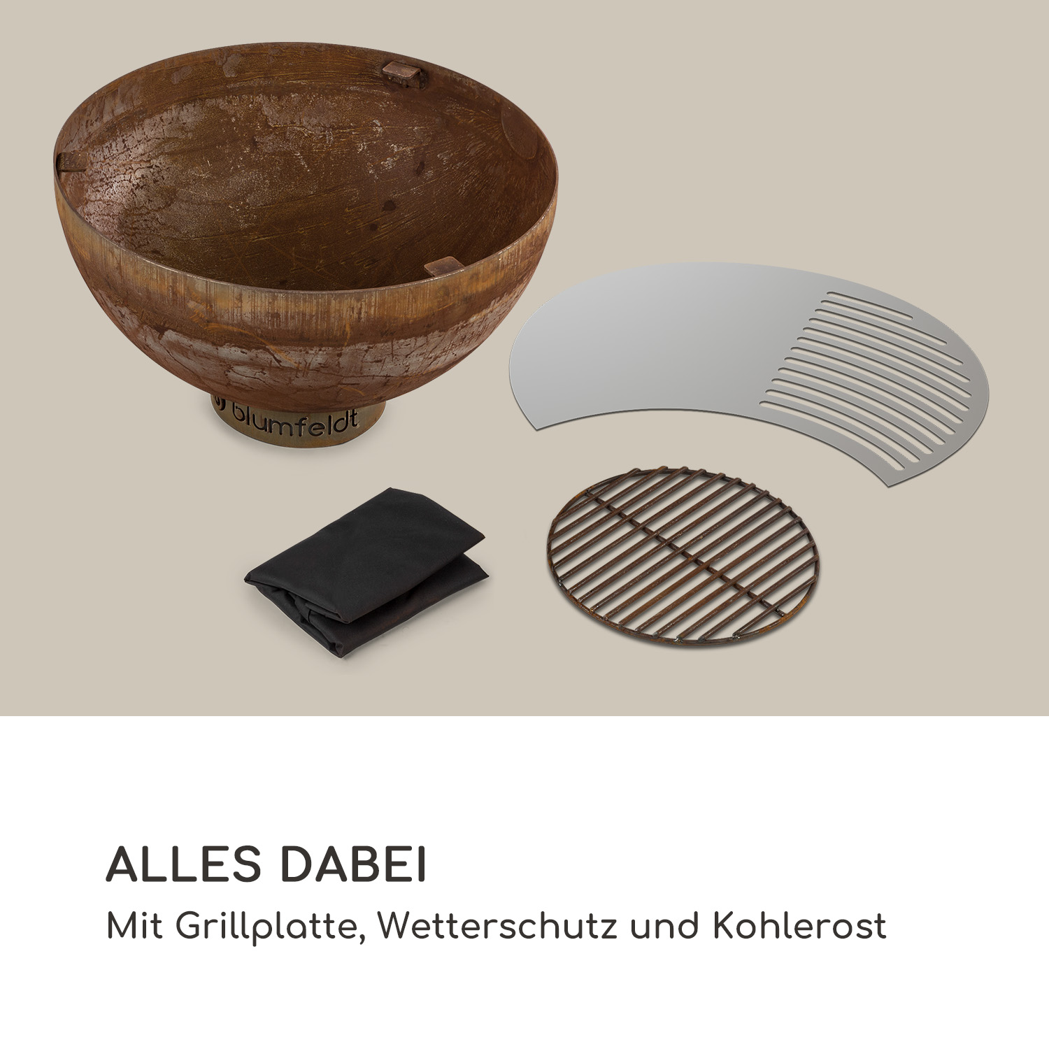 Eine rostige Feuerstelle mit Zubehör: ein Kochrost, ein Deckel und eine schwarze Abdeckung.