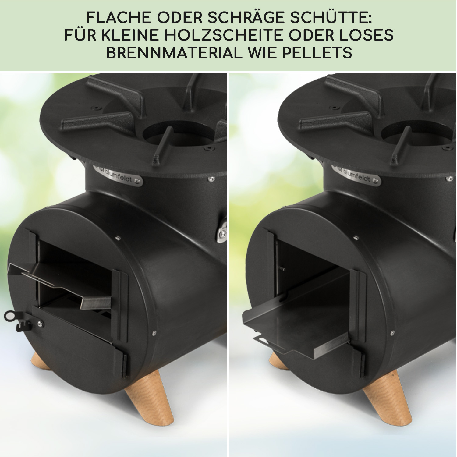 Zwei Ansichten eines Holzofens mit offener Tür, die das Innere zeigen.