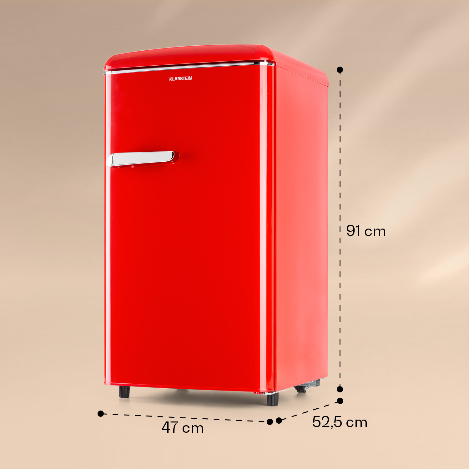 Roter Mini-Kühlschrank mit Chromgriff, Maße 47x52,5x91 cm, vor beigem Hintergrund.