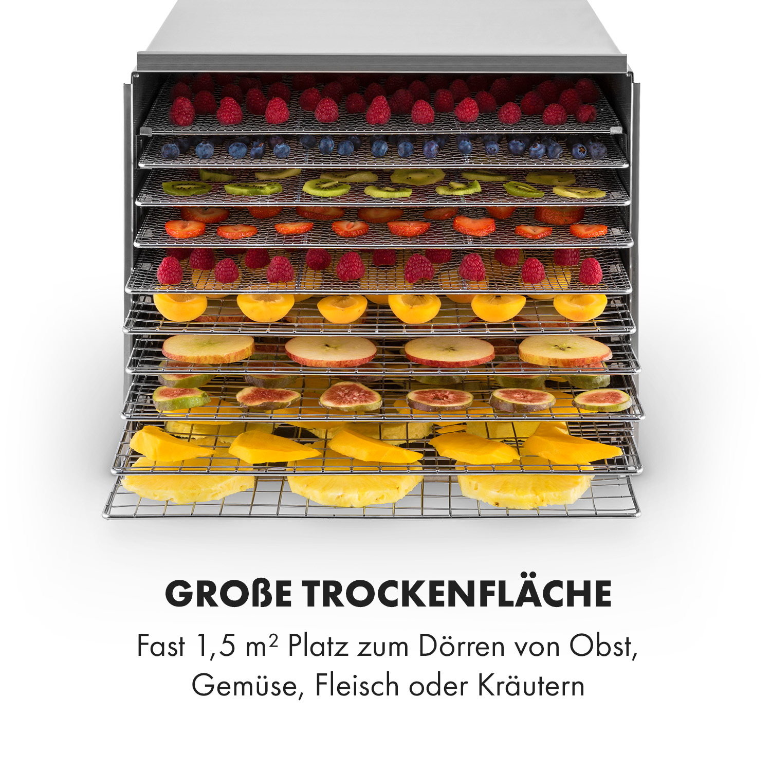 Ein Dörrgerät mit Tabletts, die mit Obst und Gemüse gefüllt sind.