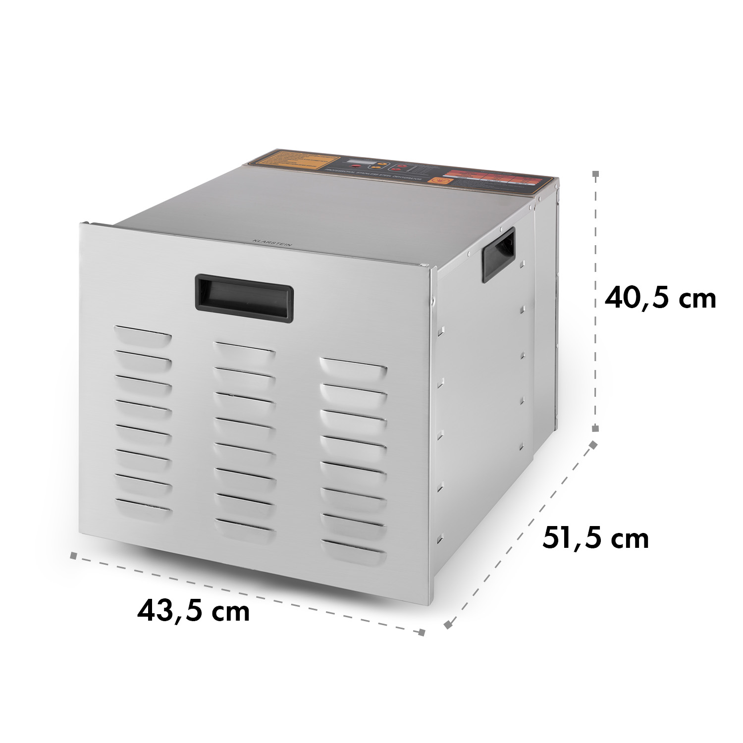 Eine Edelstahl-Aufbewahrungsbox mit markierten Abmessungen: 43,5 cm, 51,5 cm und 40,5 cm.