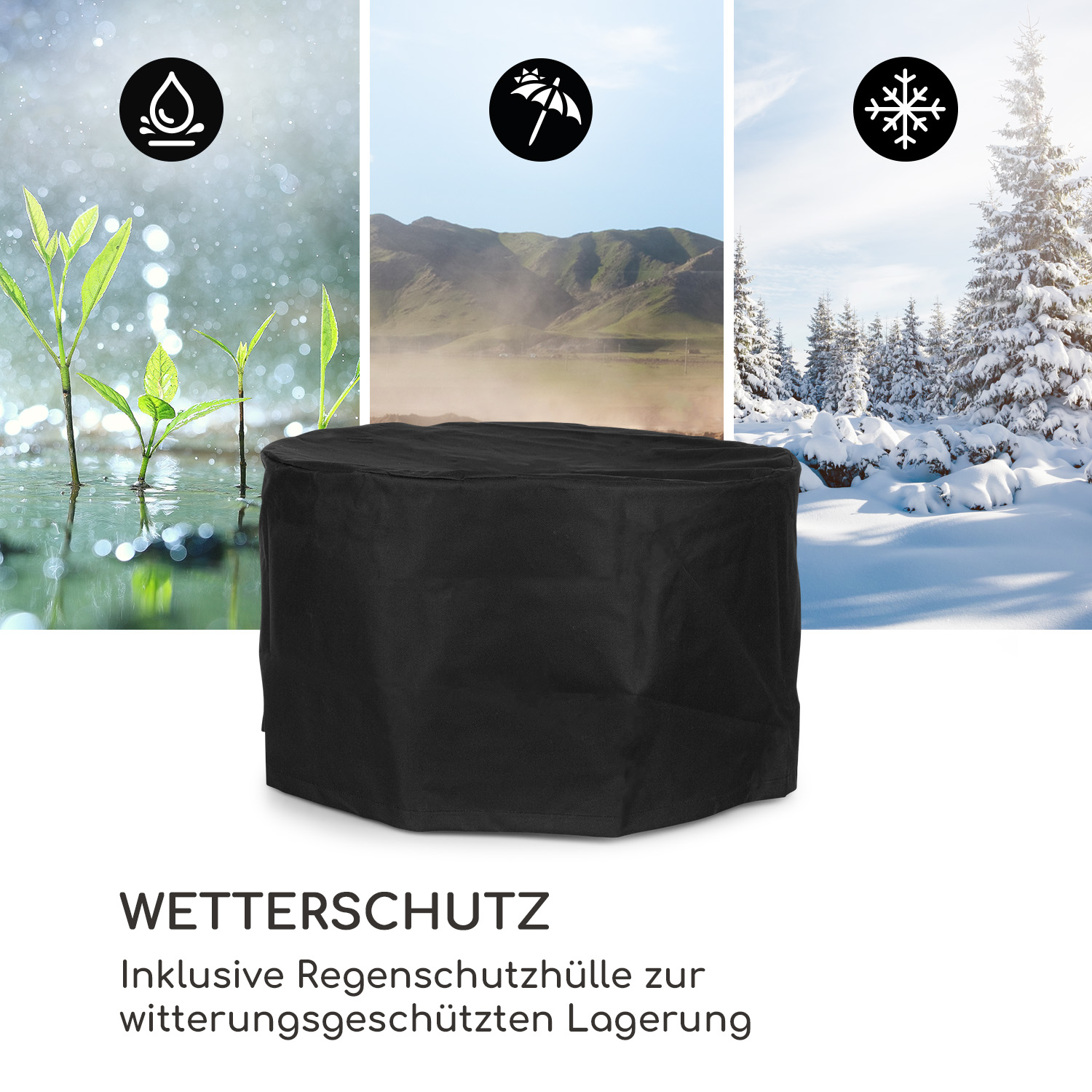 Eine schwarze Abdeckung für Gartenmöbel, mit Symbolen für Wasser, Regenschirm und Schneeflocke.