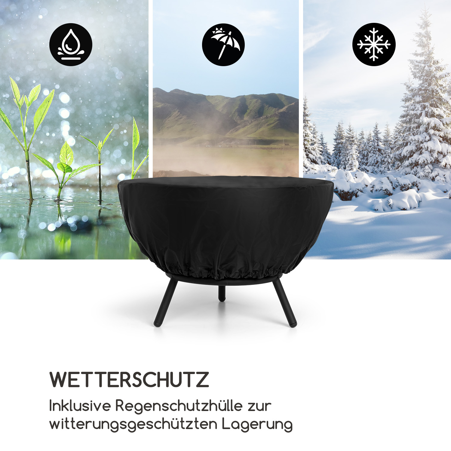 Eine schwarze Feuerstelle im Freien, die mit einer schwarzen Abdeckung bedeckt ist. Symbole für Regen, Regenschirm und Schnee werden angezeigt.
