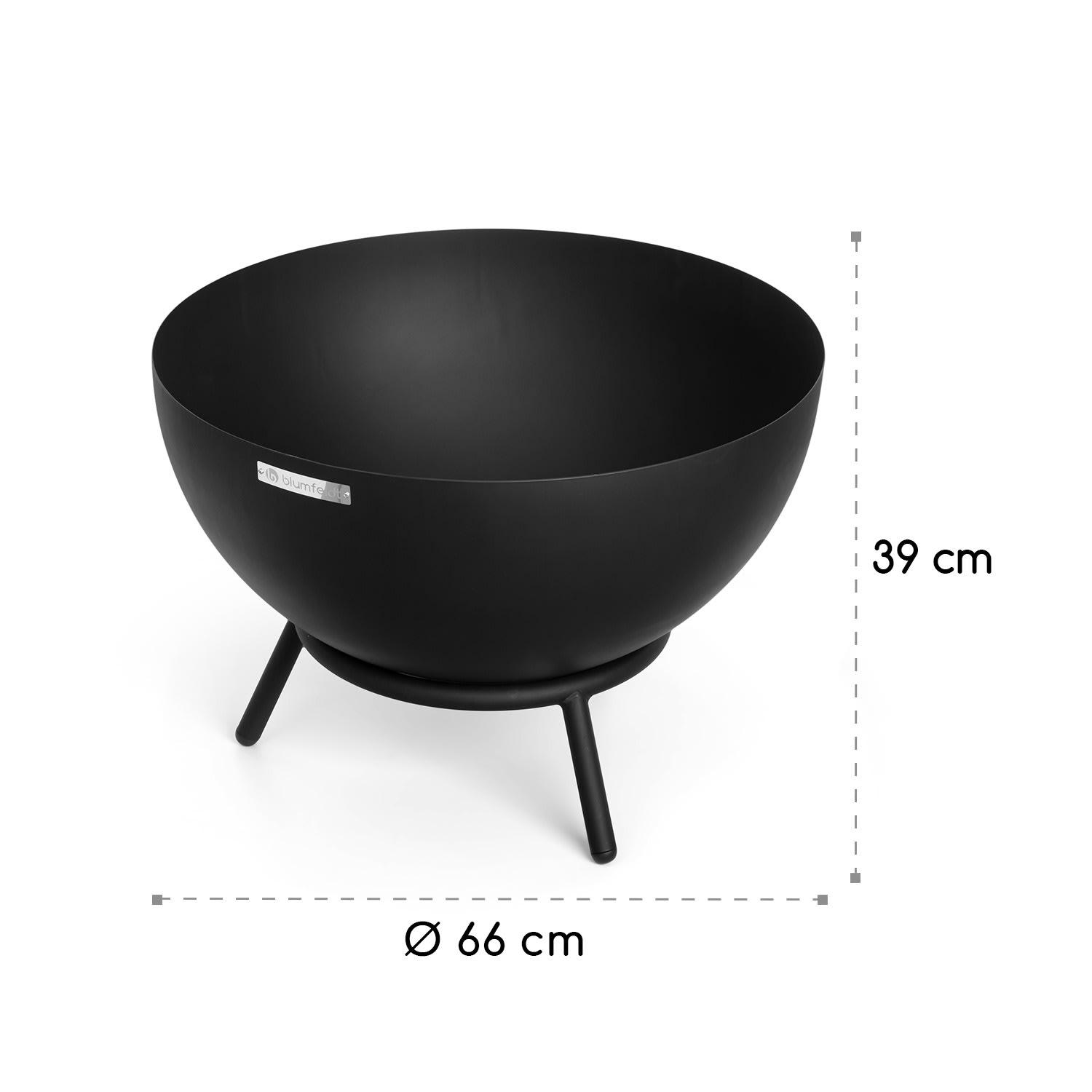 Schwarze Feuerstelle mit Ständer, Abmessungen sind 66 cm Durchmesser und 39 cm hoch.