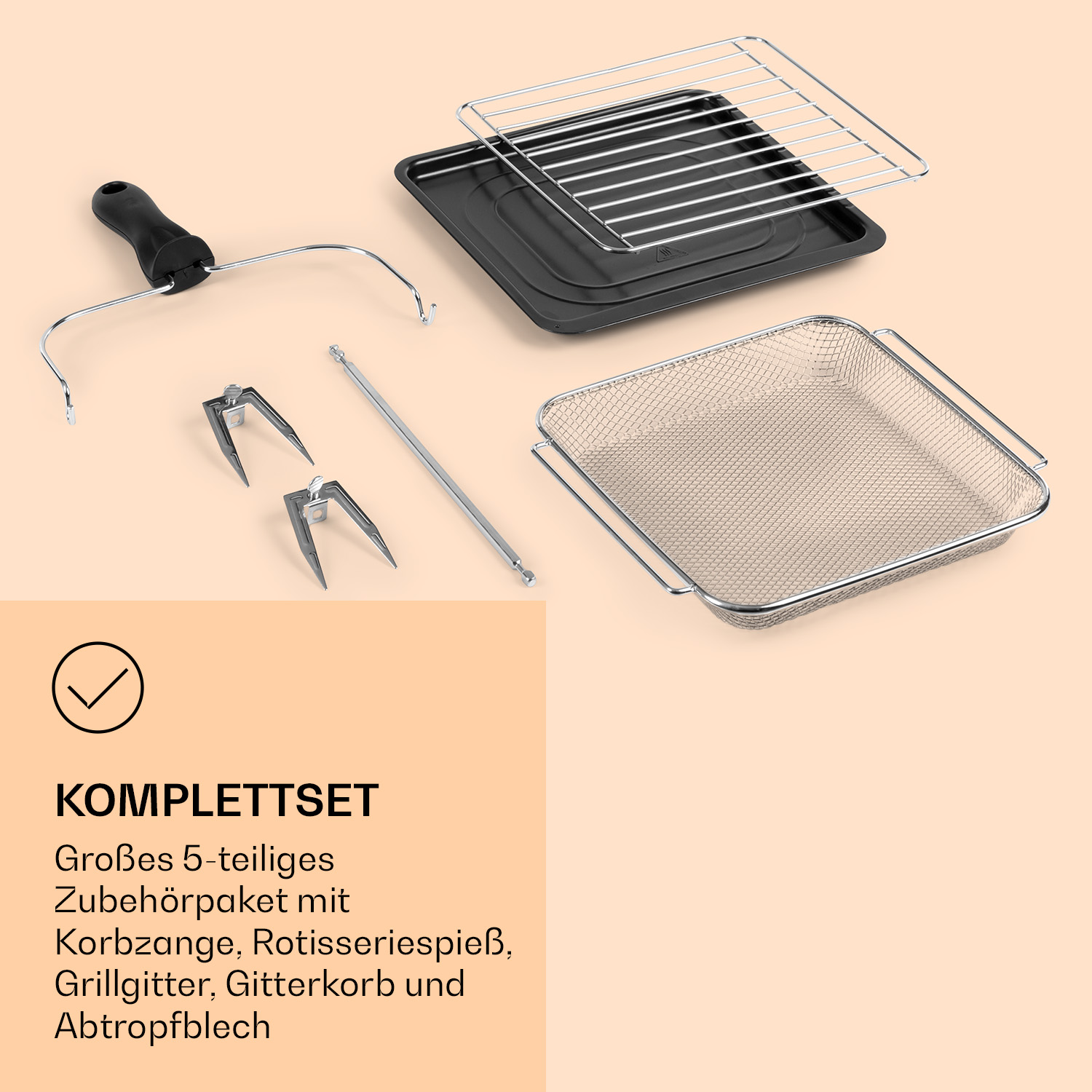 Ein 5-teiliges Zubehörset für einen Ofen enthält einen Drehspieß, einen Grillkorb, ein Gitter und eine Tropfschale.