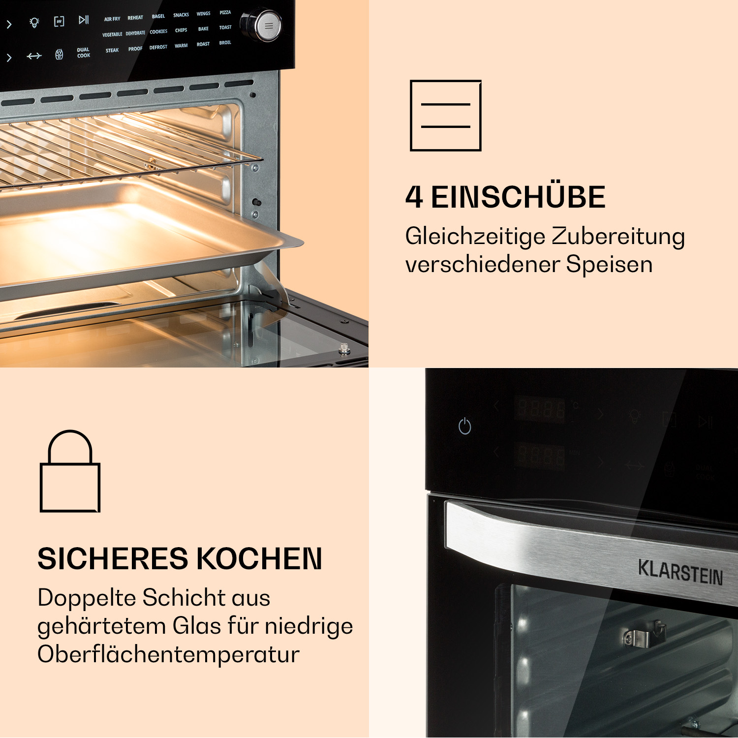 Ein Ofen mit Textüberlagerungen: „4 Einschübe“ und „Sicheres Kochen“. Er zeigt das Innere des Ofens.