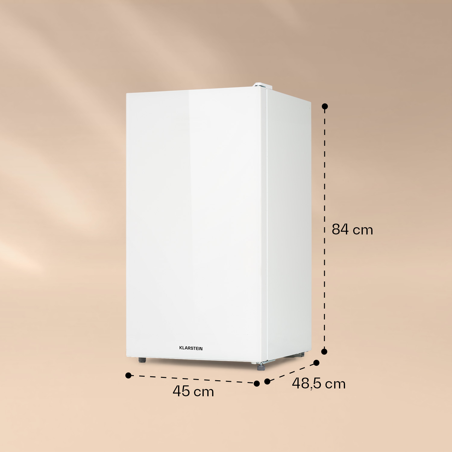 Un frigorifero bianco con dimensioni di 45 cm x 48,5 cm x 84 cm.