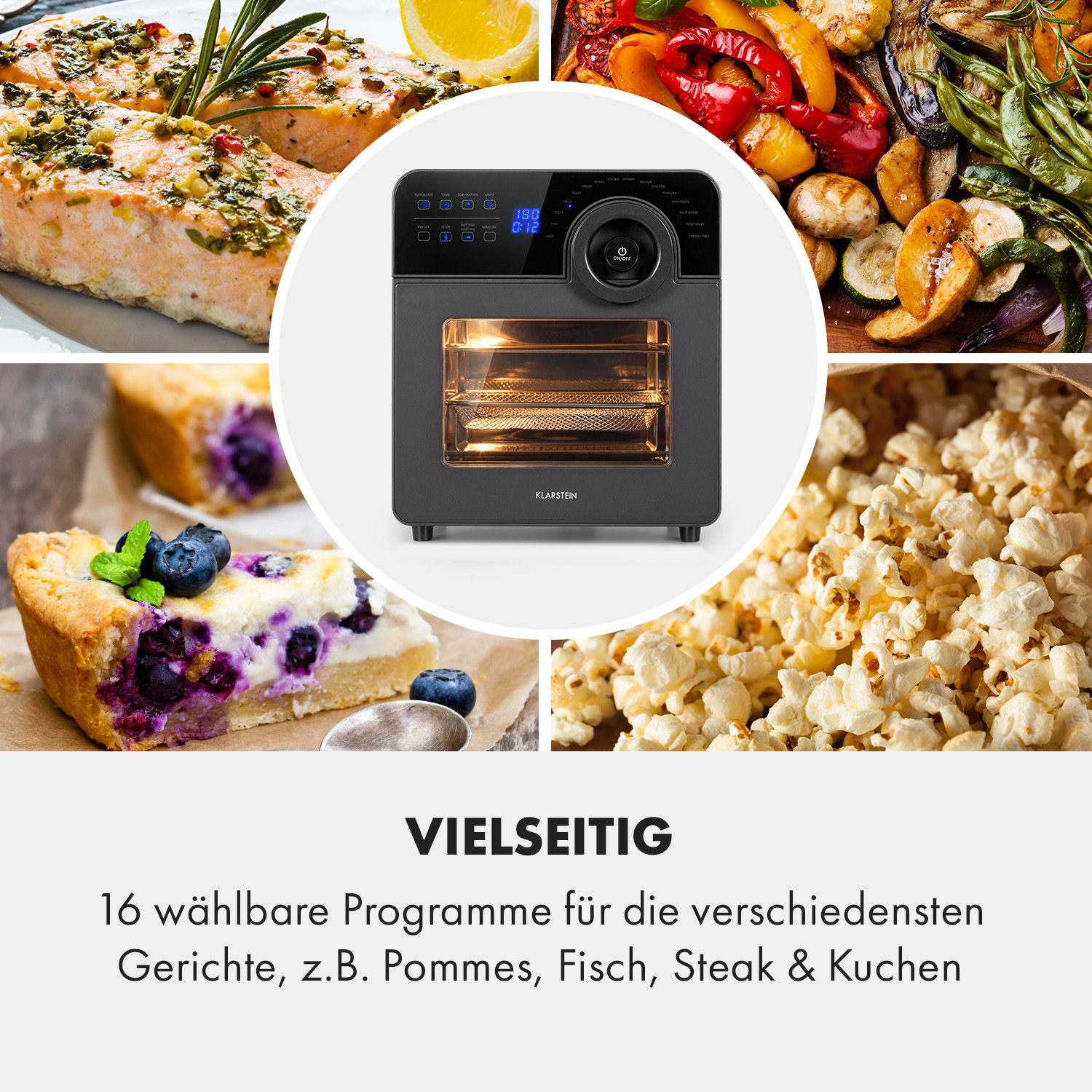 Verschiedene Lebensmittel und eine Heißluftfritteuse. Zu den Lebensmitteln gehören Lachs, Paprika, ein Kuchen und Popcorn.