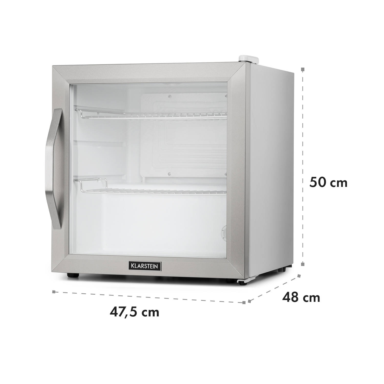Mini nevera de acero inoxidable con puerta de cristal y dimensiones.
