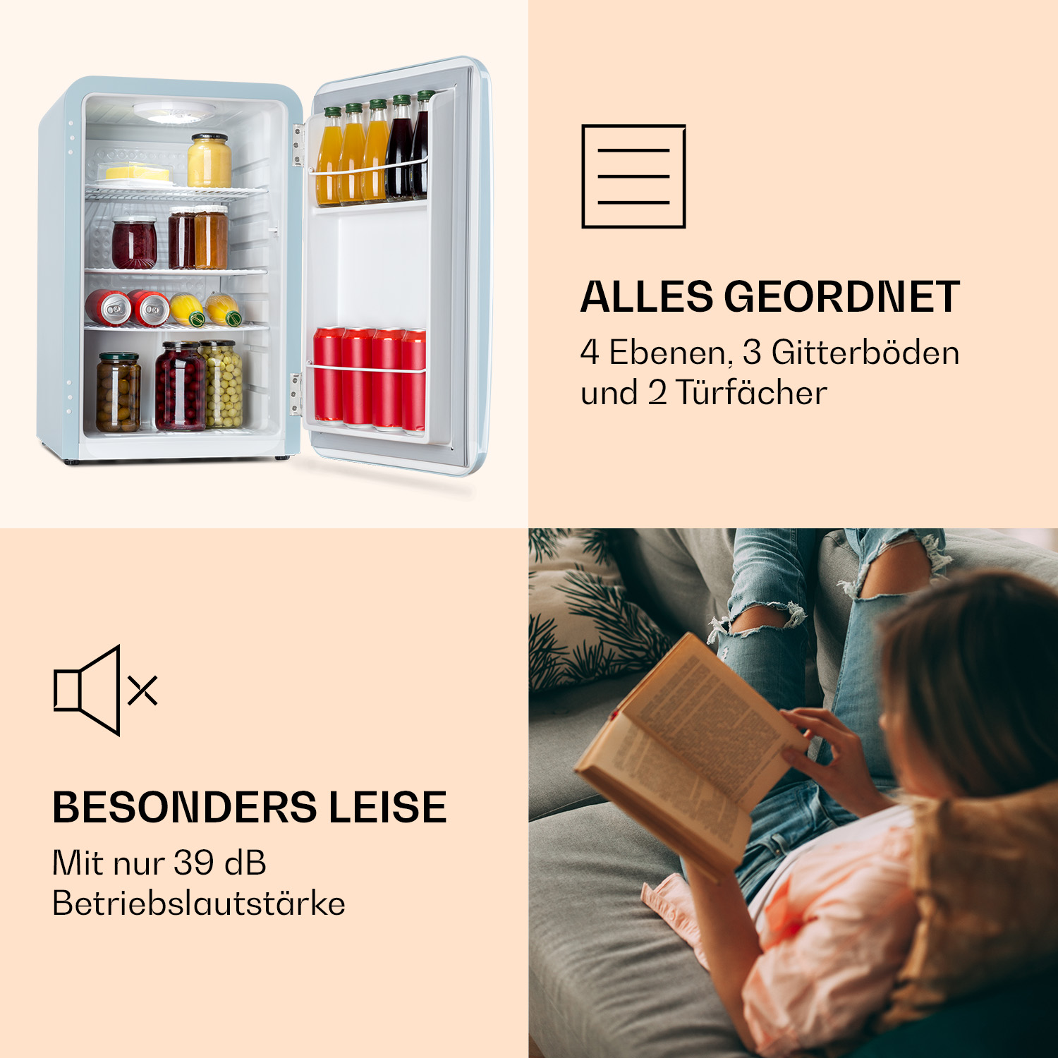 Frigorifero, aperto, con cibo dentro. Testo: Organizzato. Persona che legge un libro.