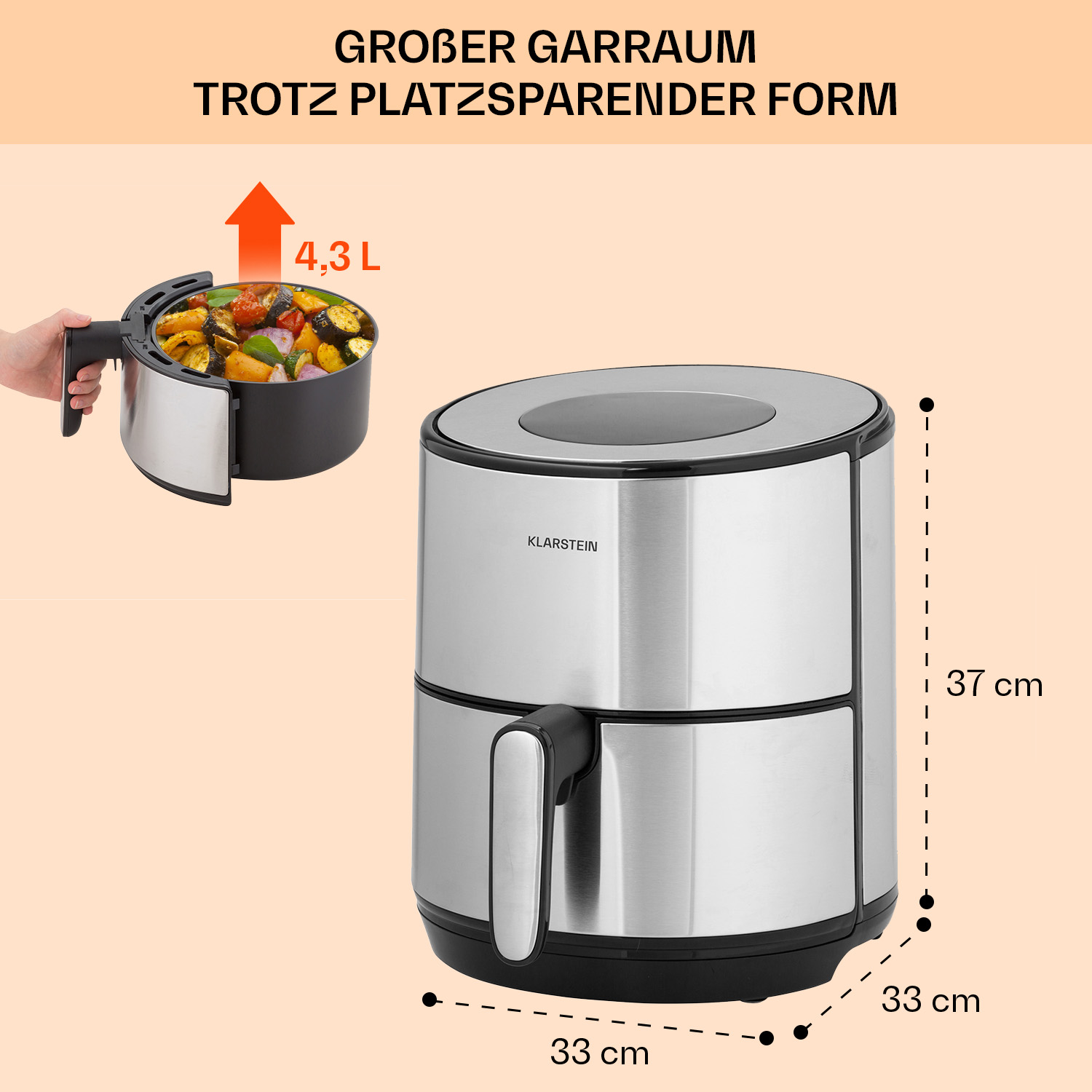 KLARSTEIN 10041145 friggitrice Singolo 4,3 L Indipendente 1500 W Friggitrice ad aria calda Metallico, Argento FRIGGITRICE AD ARIA, capacità 4,3 l, Max potenza 1500 W, 8 programmi, da 80 °C a 200 °C, Metallico, Argento