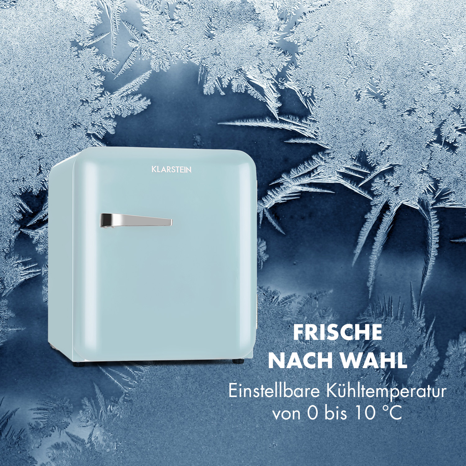 Mini frigo, azzurro. Sfondo ghiacciato, testo: Freschezza a tua scelta.
