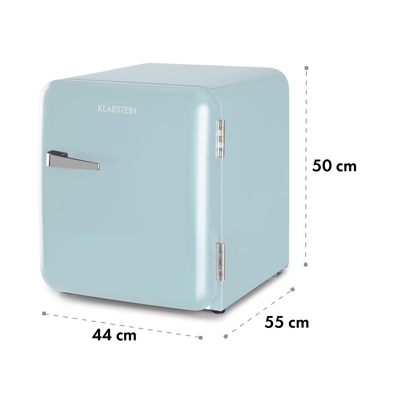 Mini-frigo azzurro, maniglia cromata, dimensioni 44x55x50 cm, su sfondo bianco.