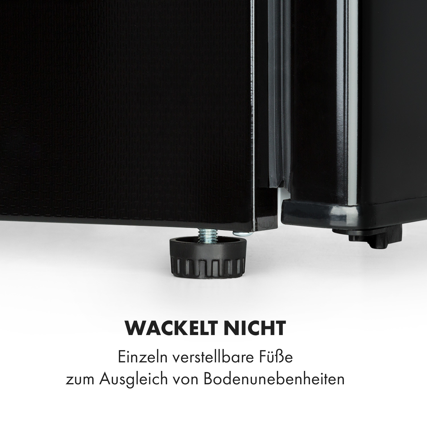 Schwarzes Gerät mit verstellbarem Fuß. Der Fuß ist schwarz und hat Rillen.
