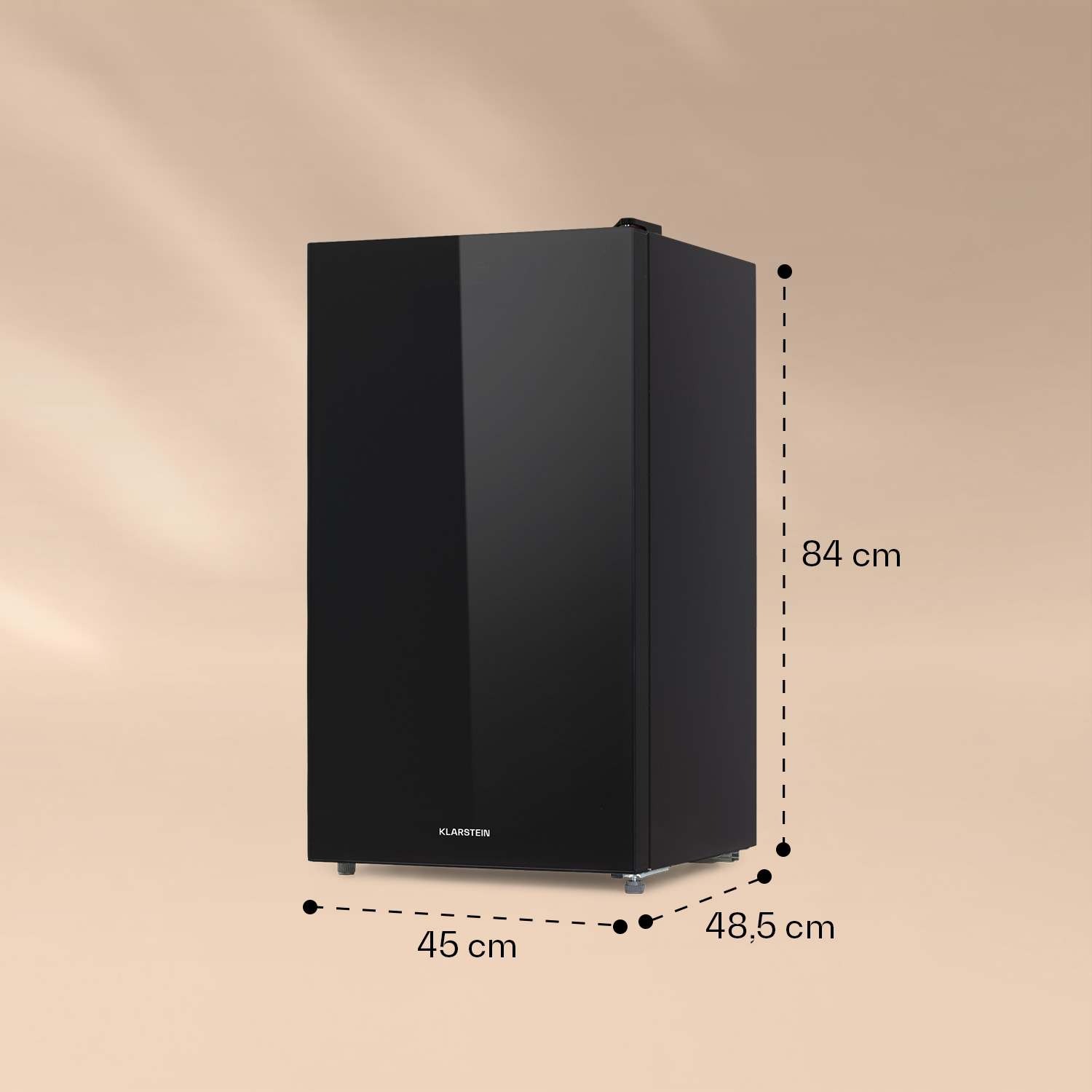 Schwarzer, rechteckiger Minikühlschrank mit Glastür. Abmessungen sind angegeben.
