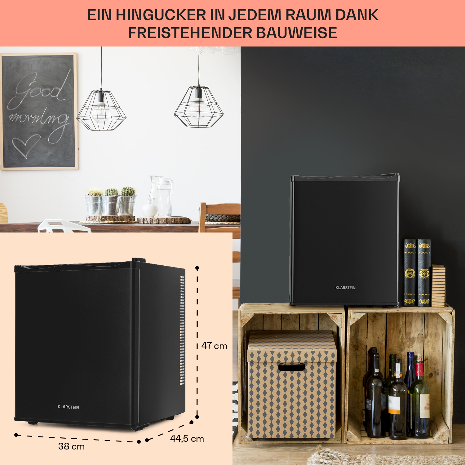 Ein schwarzer Mini-Kühlschrank mit Abmessungen, neben einer Holzkiste und einer Tafel mit Text.