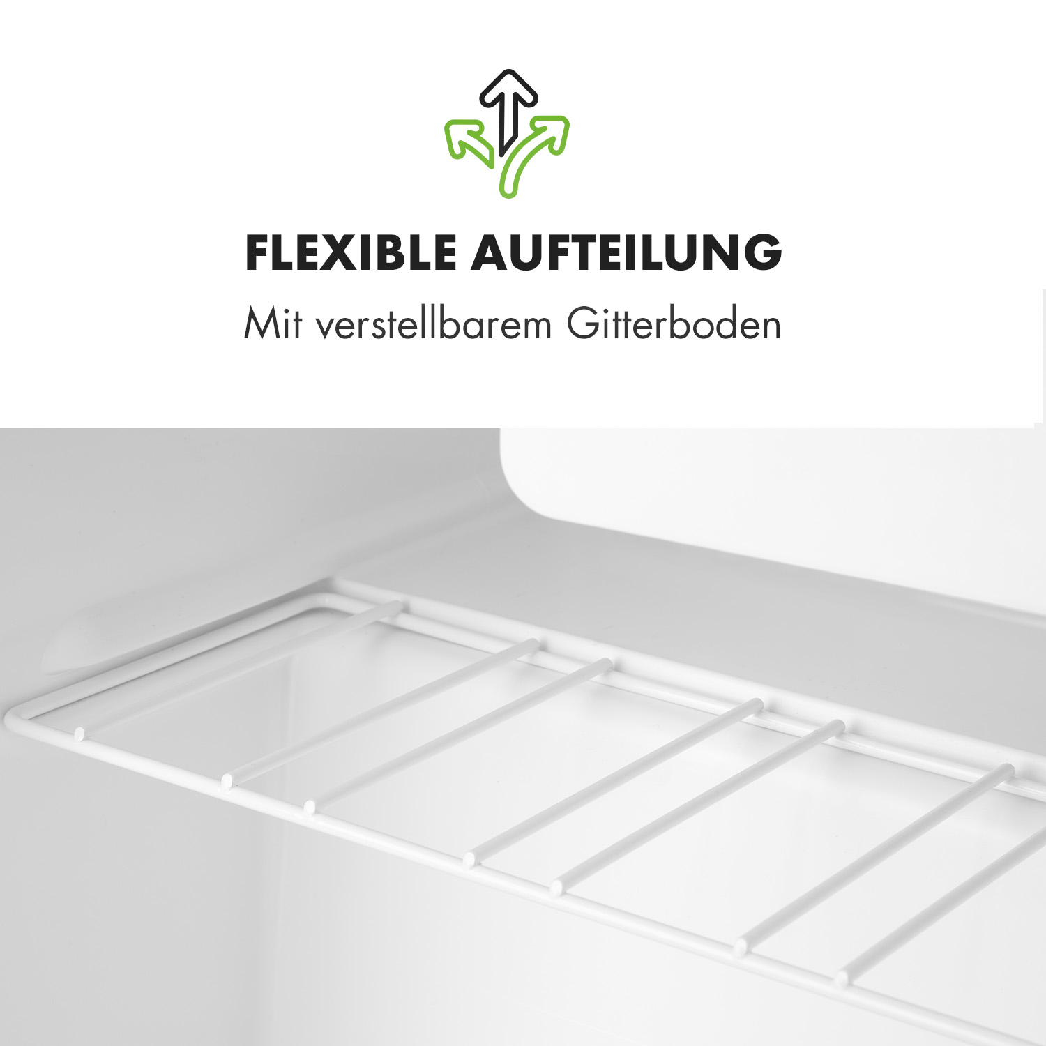 Interior de refrigerador blanco con estantes de alambre ajustables.