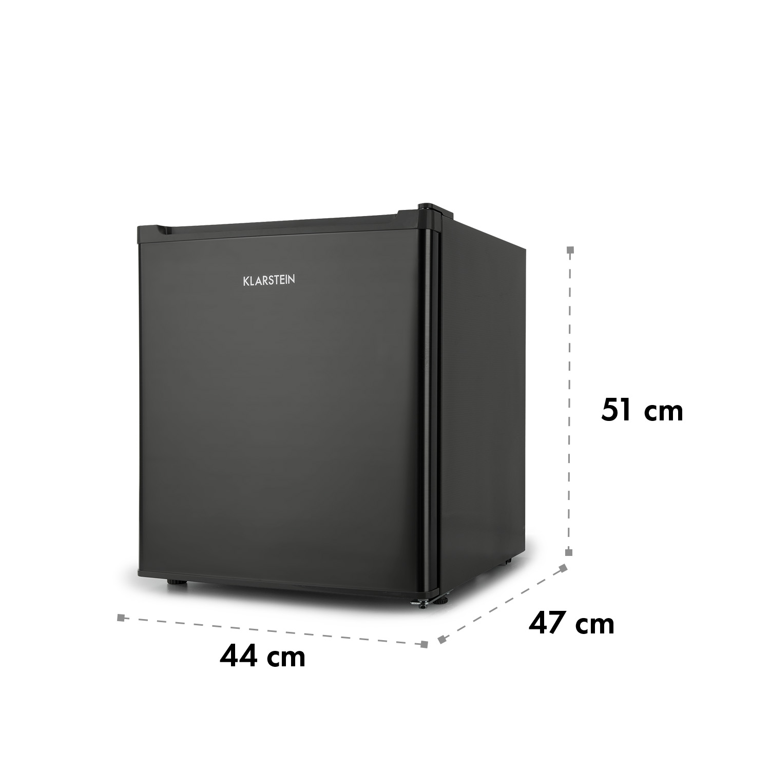 Una mini-nevera negra, dimensiones mostradas. Marca visible.
