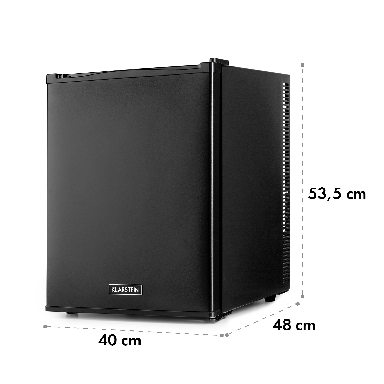Mini frigorifero nero. Le dimensioni sono indicate. Sfondo bianco.