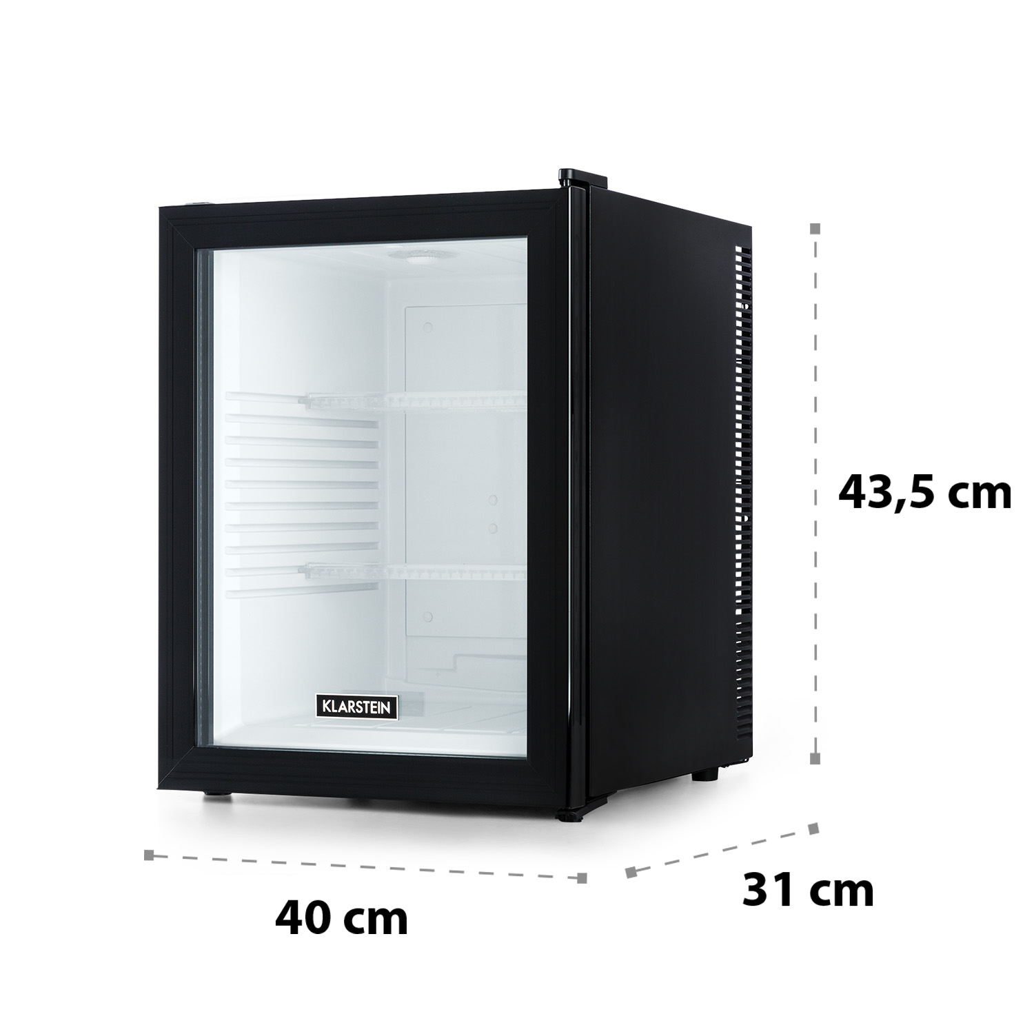 Ein schwarzer Minikühlschrank mit Glastür, Abmessungen sind im Bild gezeigt.