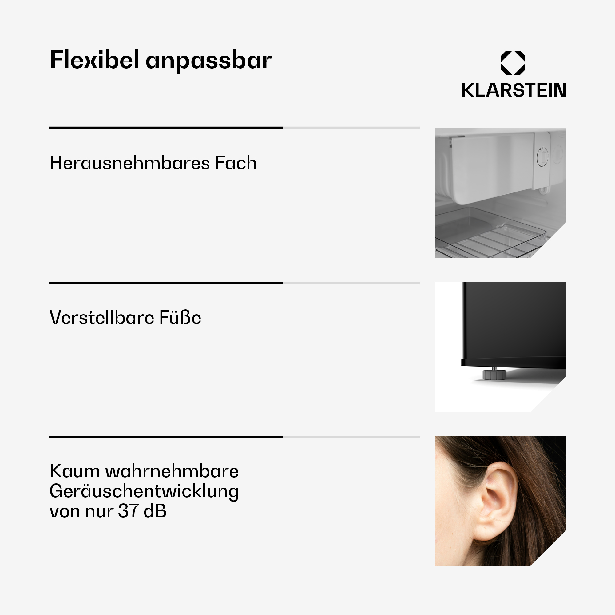 Text über einen Kühlschrank mit Funktionen wie herausnehmbarem Fach und verstellbaren Füßen. Enthält ein Foto eines Ohrs.