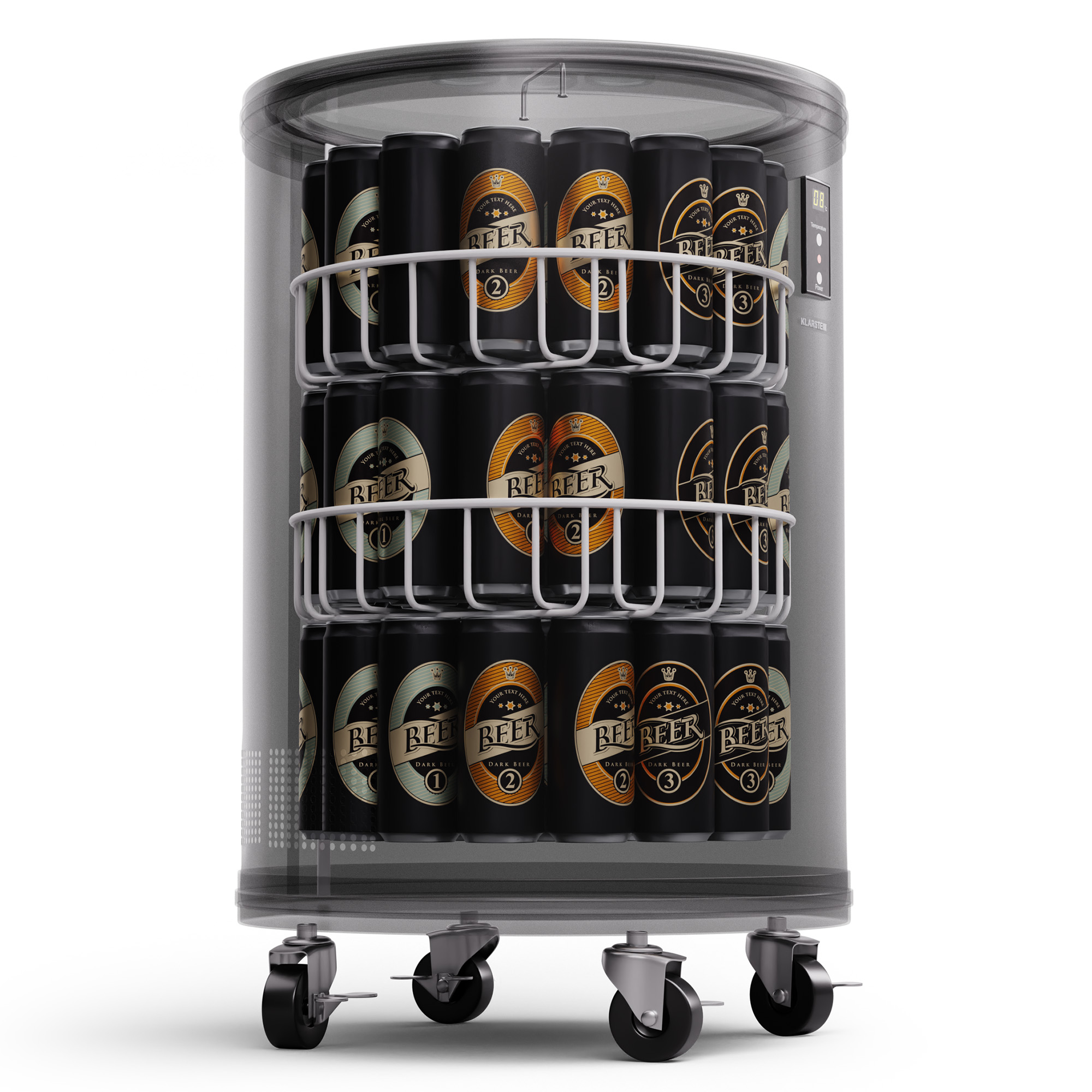 Transparenter Bierkühler mit drei Regalen voller Bierdosen auf Rädern, vor weißem Hintergrund.