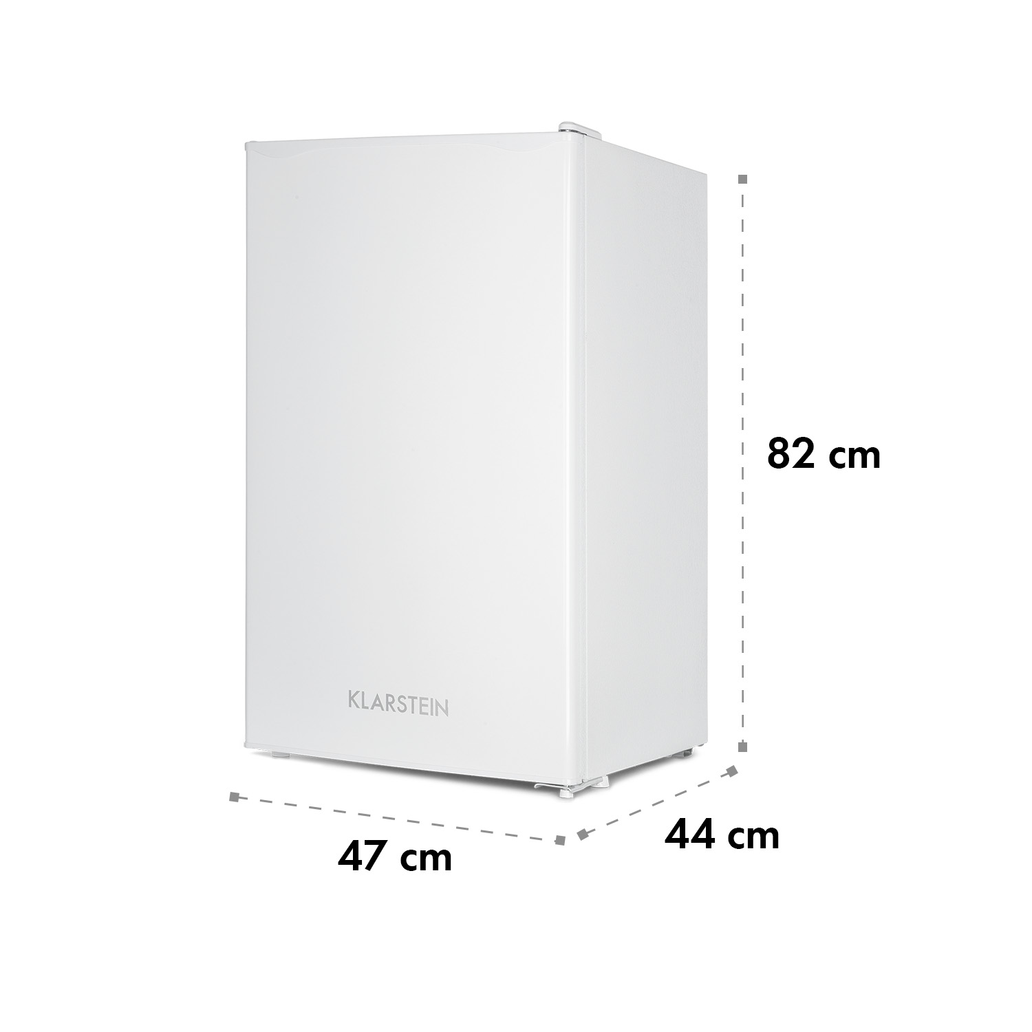 Un refrigerador blanco con mango negro. Dimensiones: 82 cm x 47 cm x 44 cm.