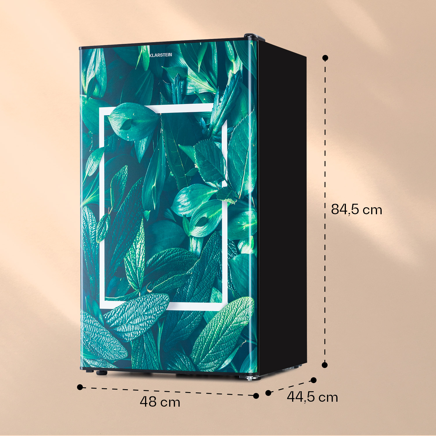 Mini-frigo con un design a foglie sulla porta. Le dimensioni sono indicate.