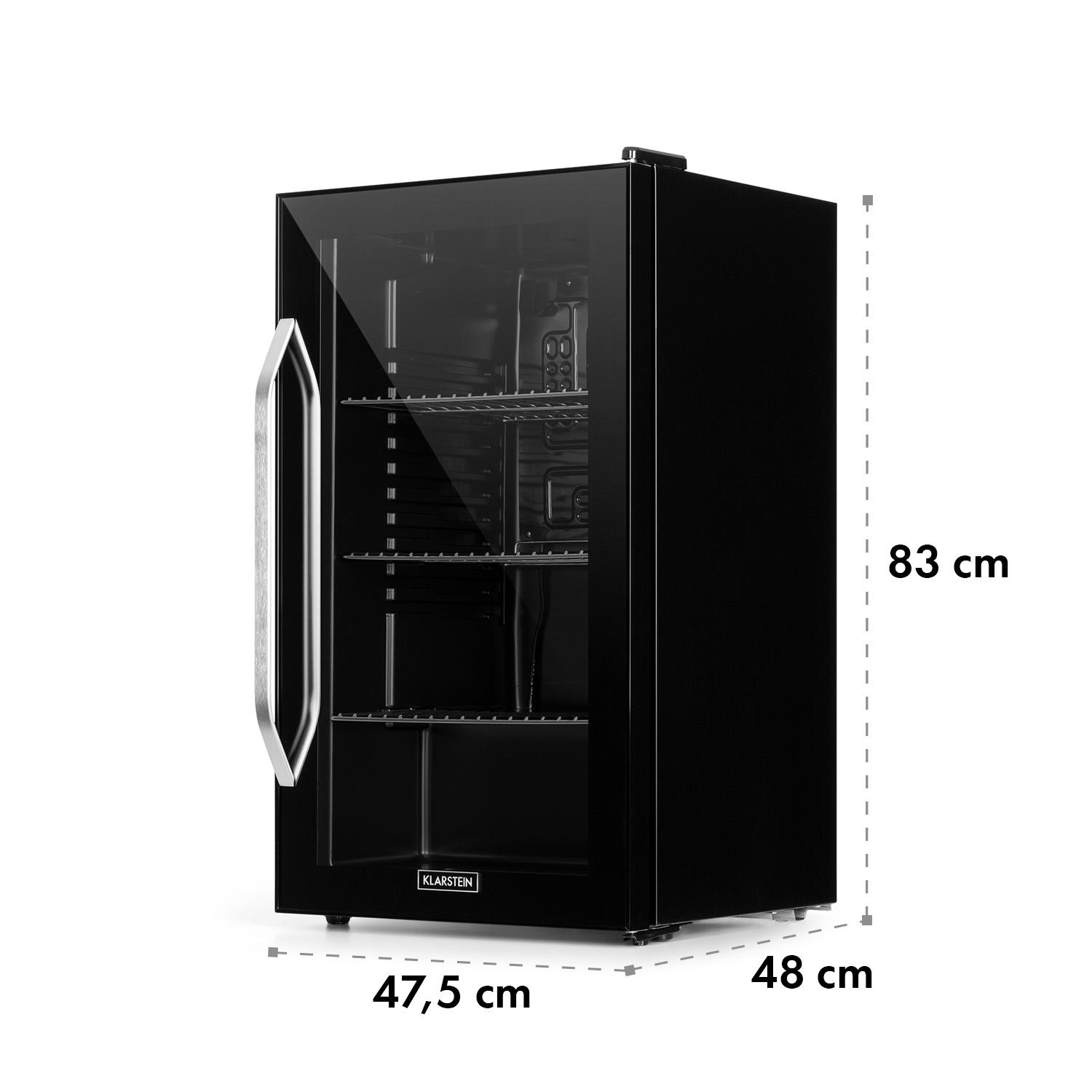 Un mini frigo nero con porta in vetro, che mostra ripiani e illuminazione interna.