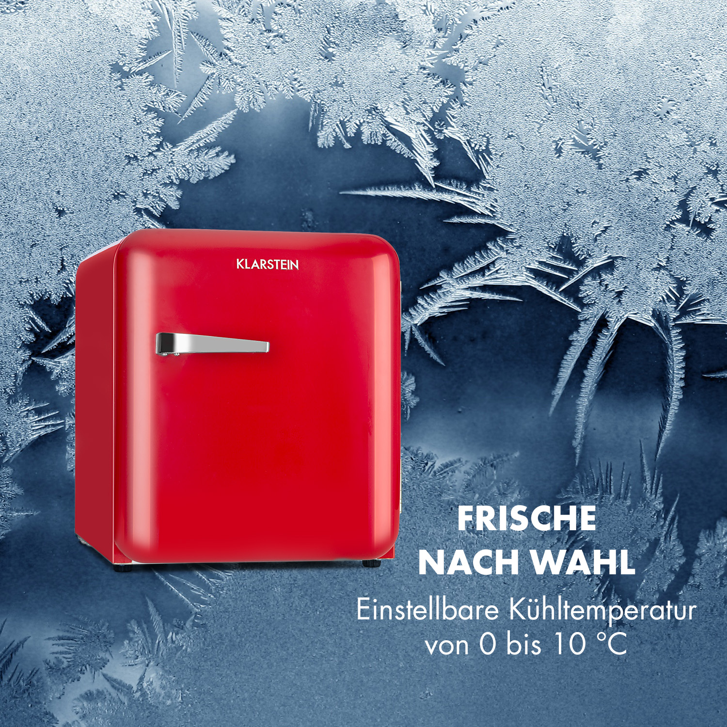 Mini frigo rosso su sfondo di vetro smerigliato. Testo: 'FRISCHE NACH WAHL' e intervallo di temperatura.