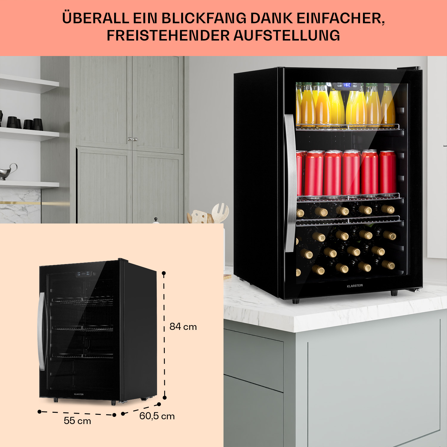 Schwarzer Minikühlschrank mit Getränken und Maßen 55cm x 60,5cm x 84cm.