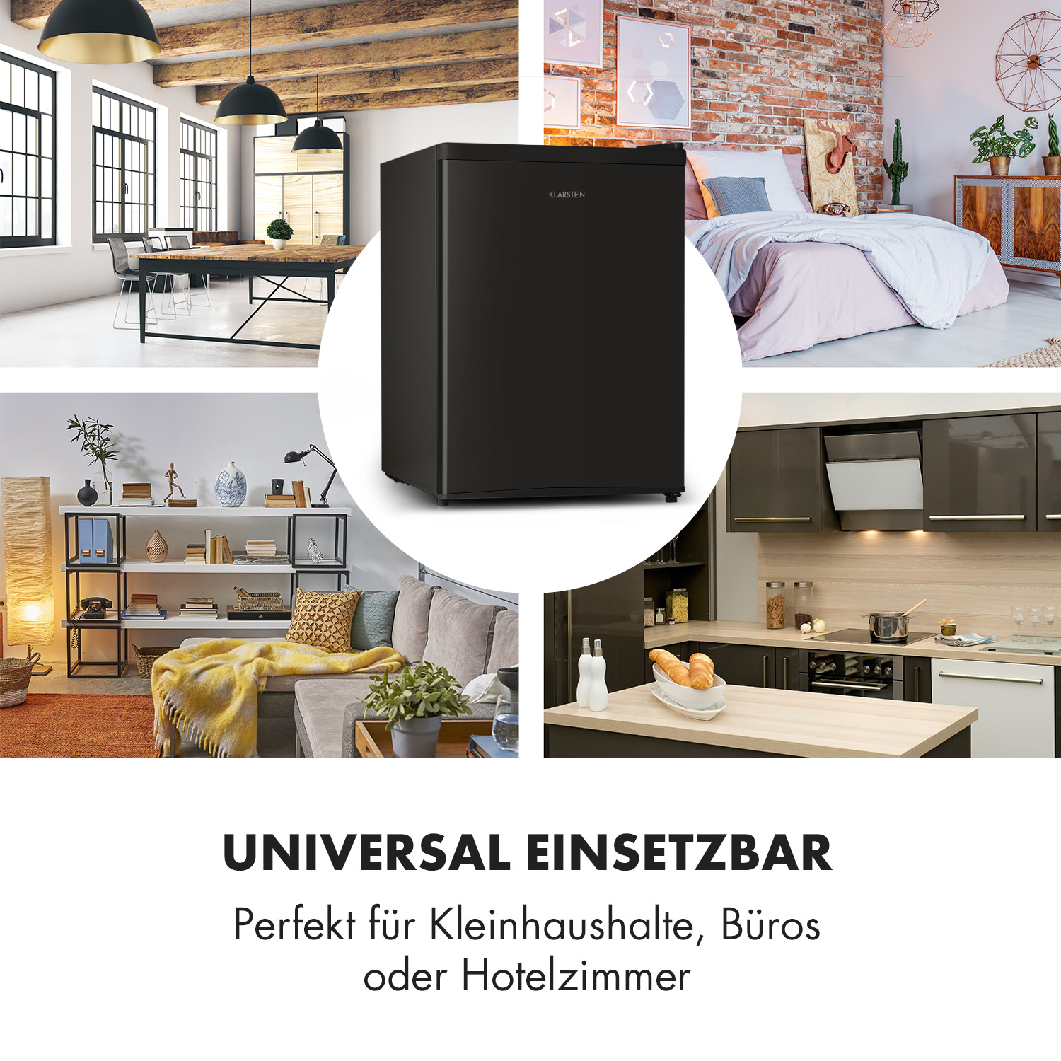 Mini-nevera negra en varios entornos de habitaciones como cocina y dormitorio.