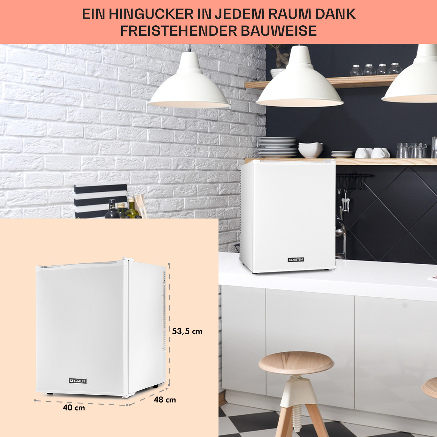 Weißer Mini-Kühlschrank, Abmessungen beschriftet, in der Nähe einer Küche.
