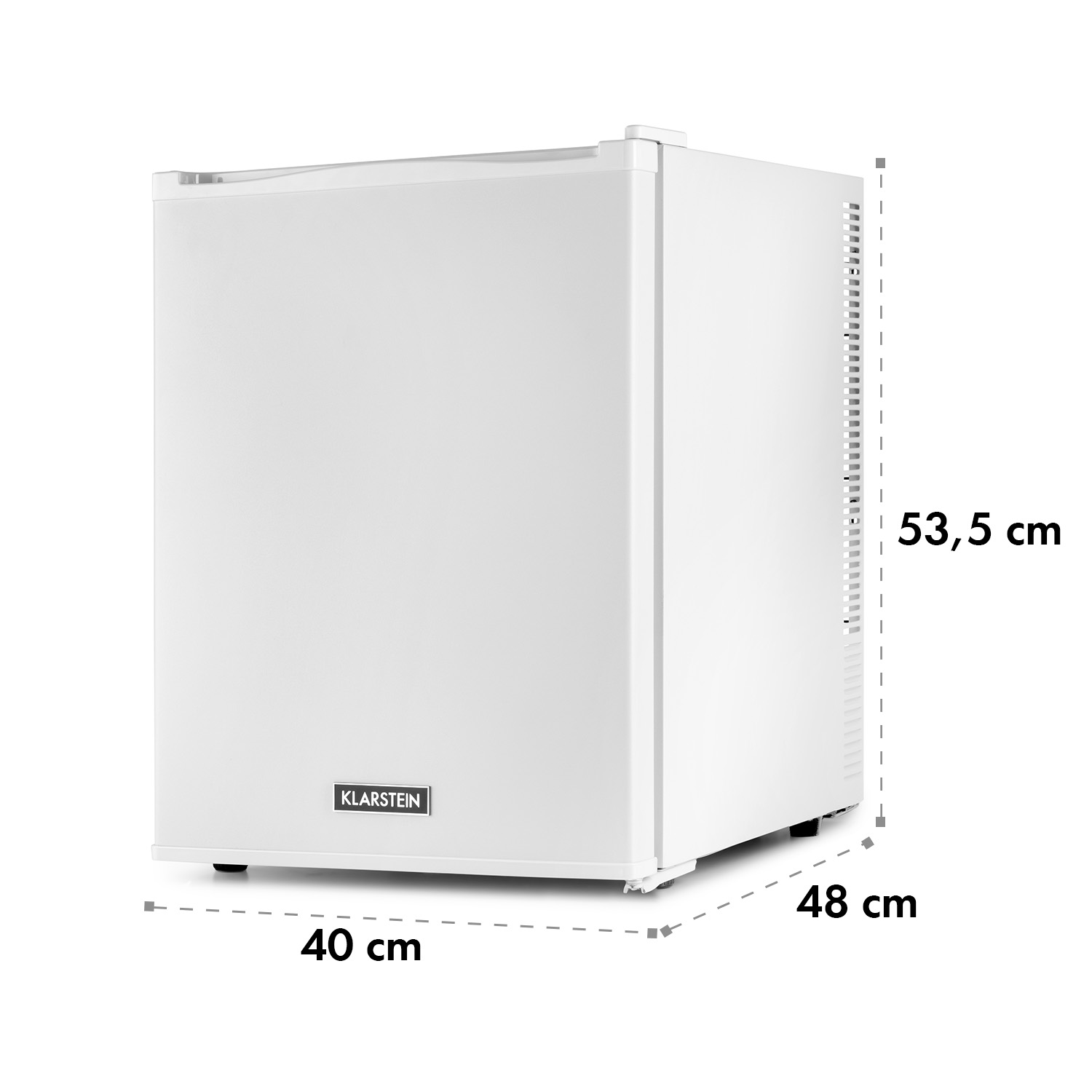 Ein weißer Mini-Kühlschrank mit angezeigten Abmessungen, vor weißem Hintergrund.