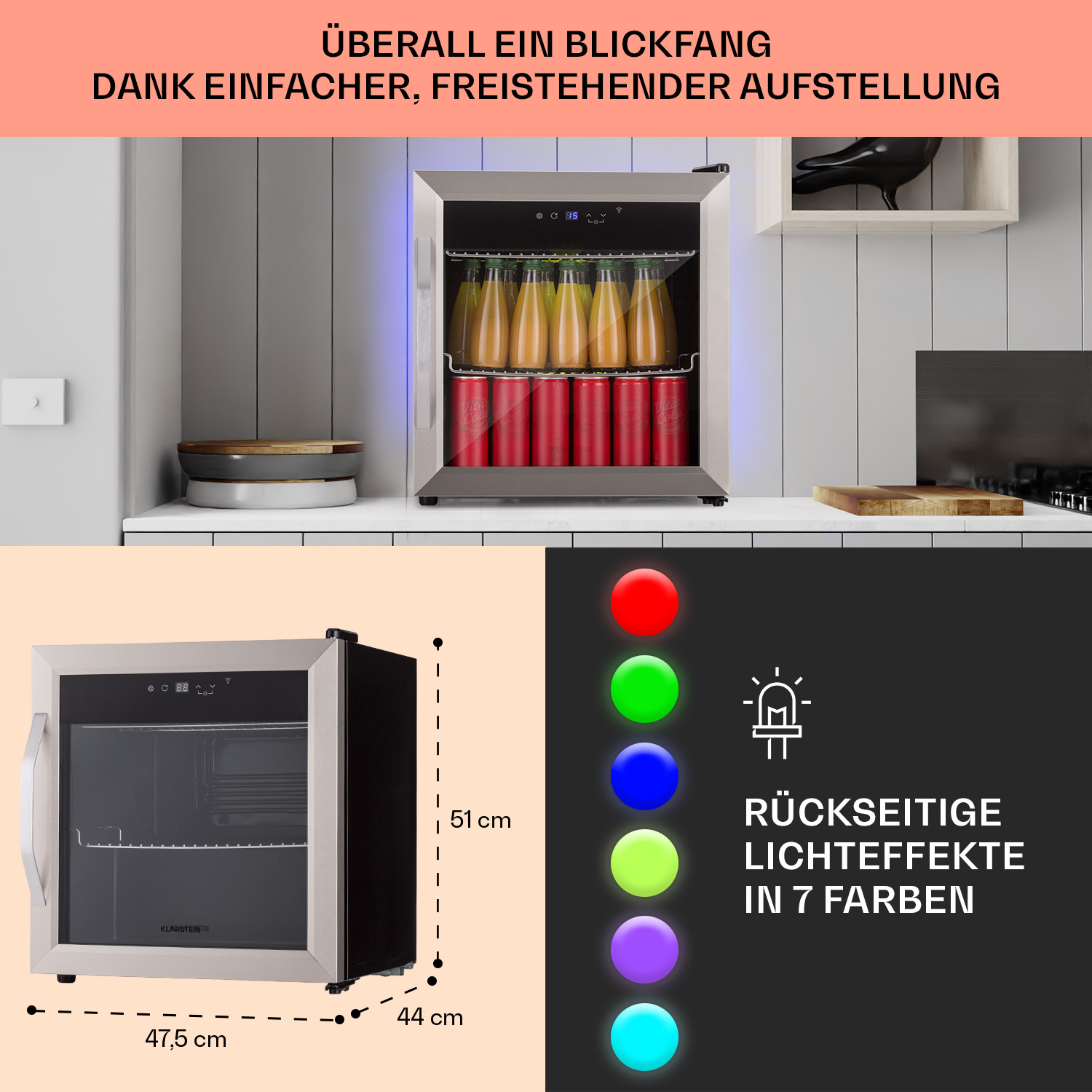 Mini frigo con bottiglie, luci colorate e dimensioni 47.5x44x51cm.