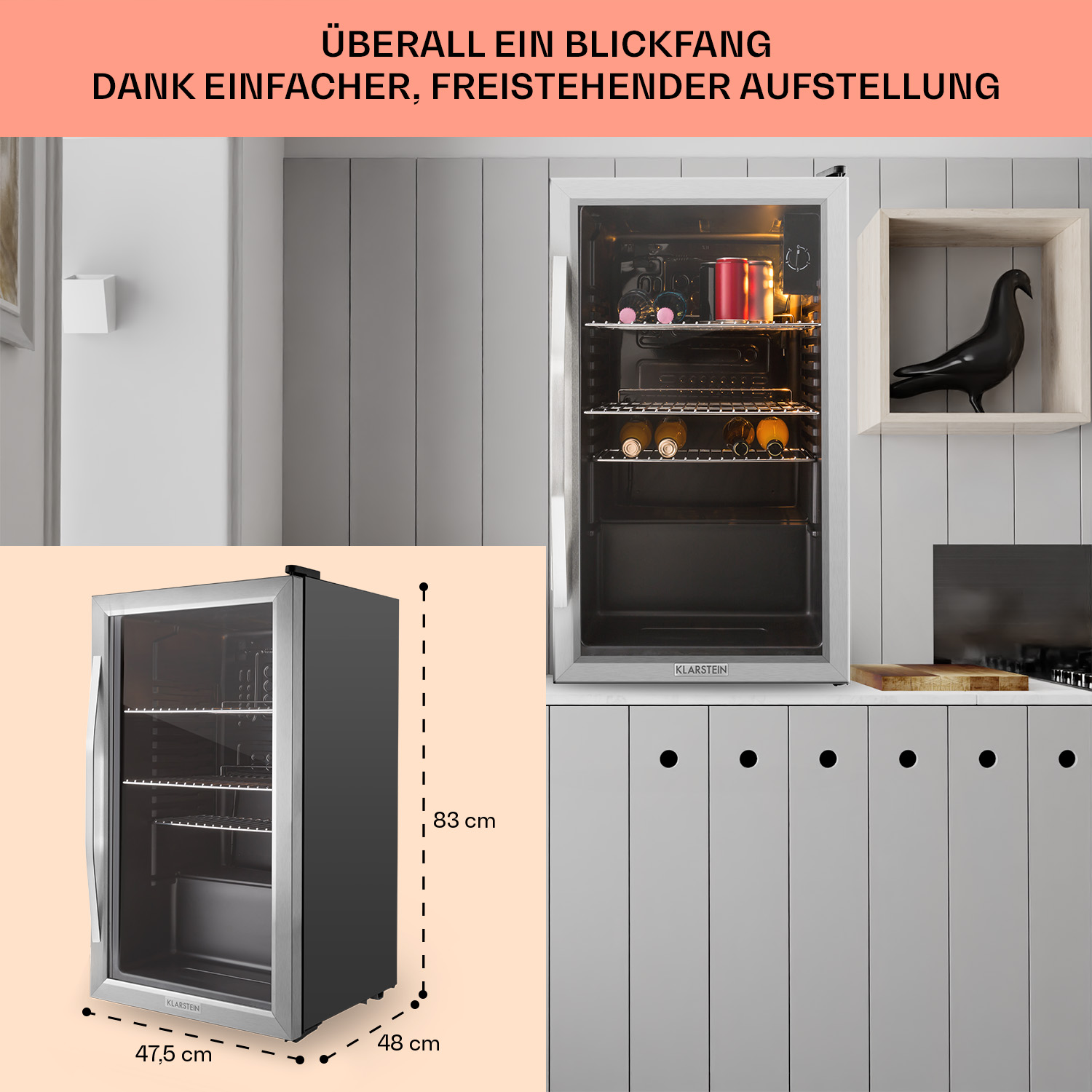 Weißer Kühlschrank mit Glastür und schwarzem Innenraum, Abmessungen sind angezeigt.