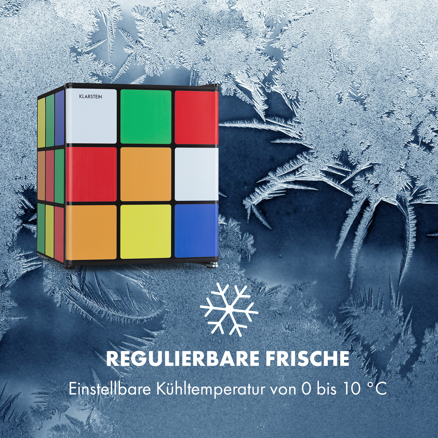 Kühlschrank mit farbenfrohem Würfeldesign. Text: Regulierbare Frische.