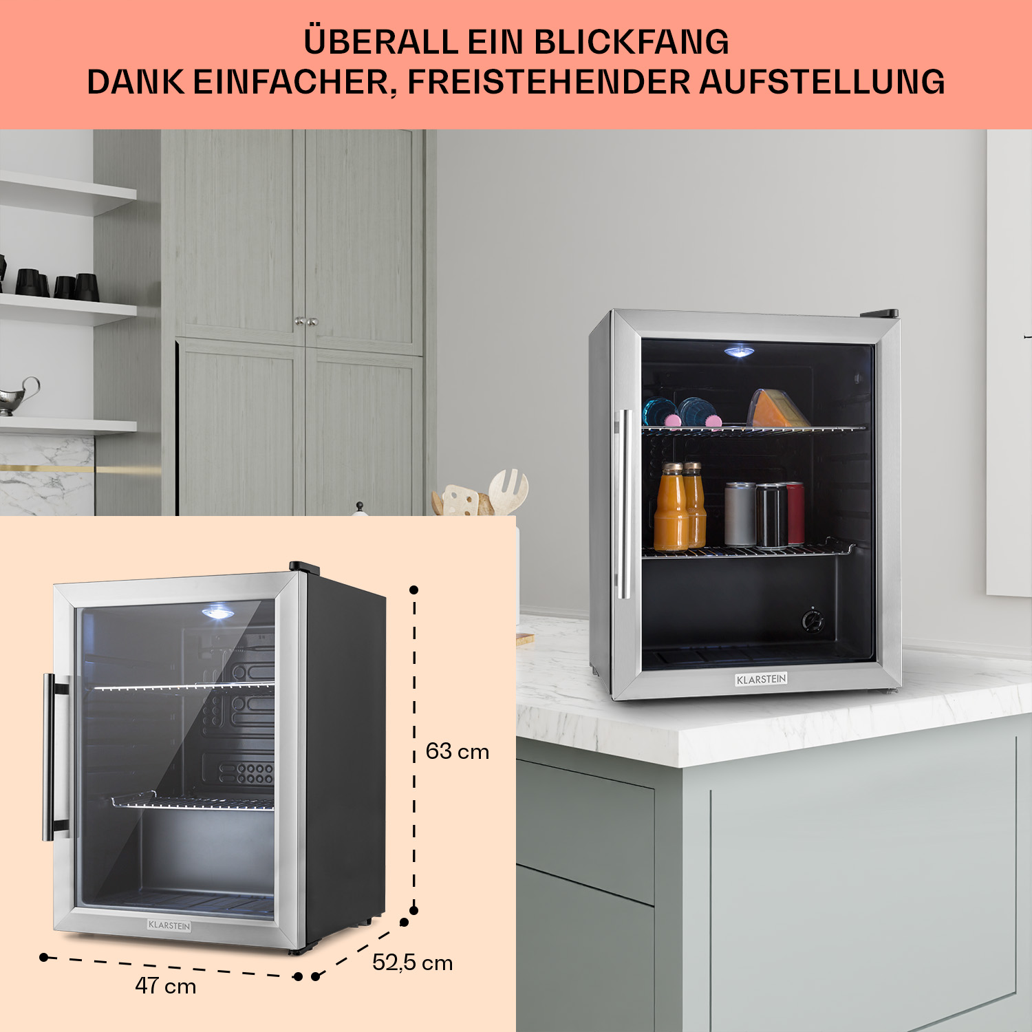 Mini frigo argento con porta a vetri.