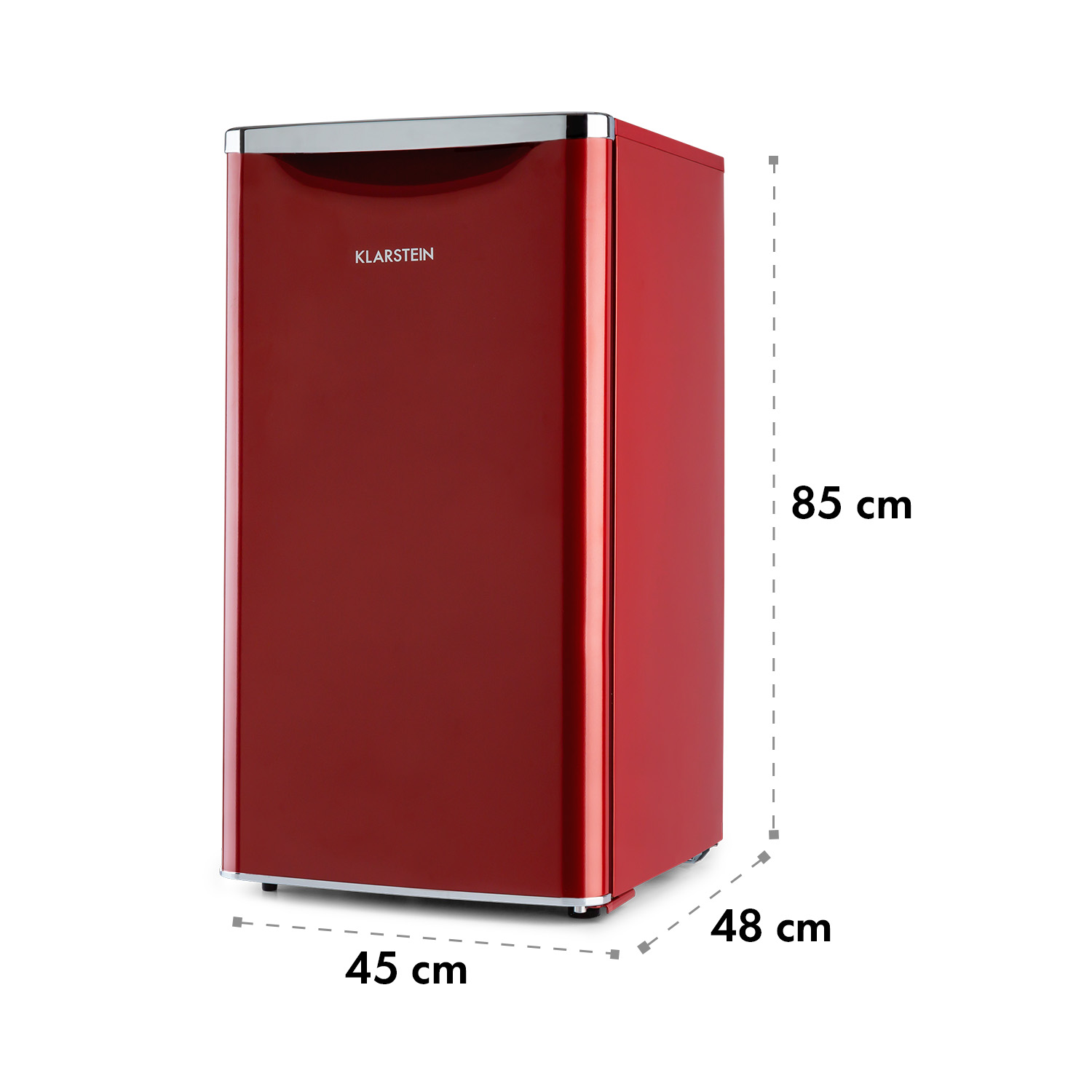 Ein roter Kühlschrank mit Maßen an der Seite.