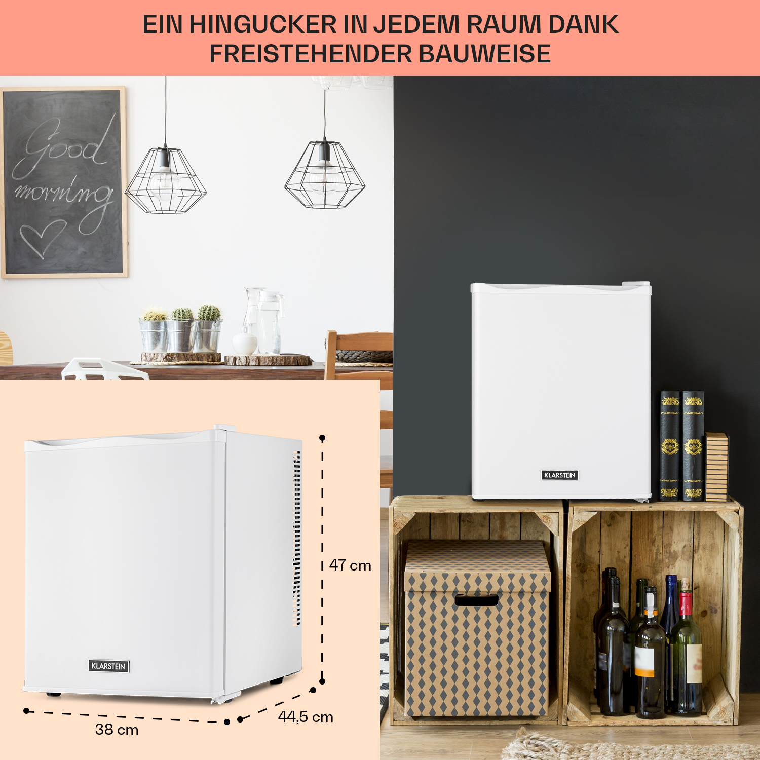 Weißer Minikühlschrank neben Holzkiste mit Flaschen. Der Kühlschrank steht im Raum.