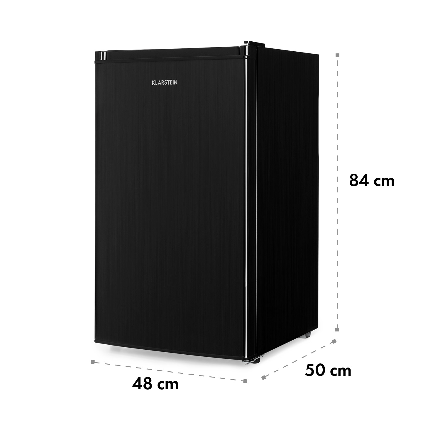 Un frigorifero nero con dimensioni. Ha una singola porta e si trova su uno sfondo bianco.