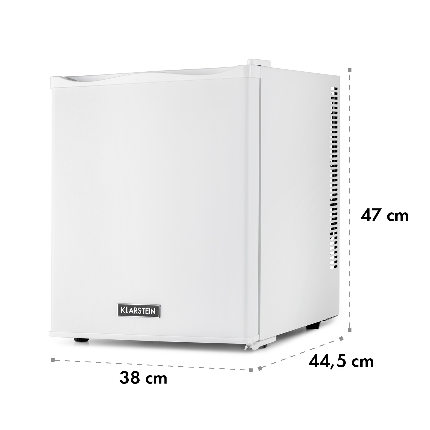 Ein weißer Mini-Kühlschrank mit schlichtem Design. Die Abmessungen sind 38 x 44,5 x 47 cm. Das Klarstein-Logo ist sichtbar.
