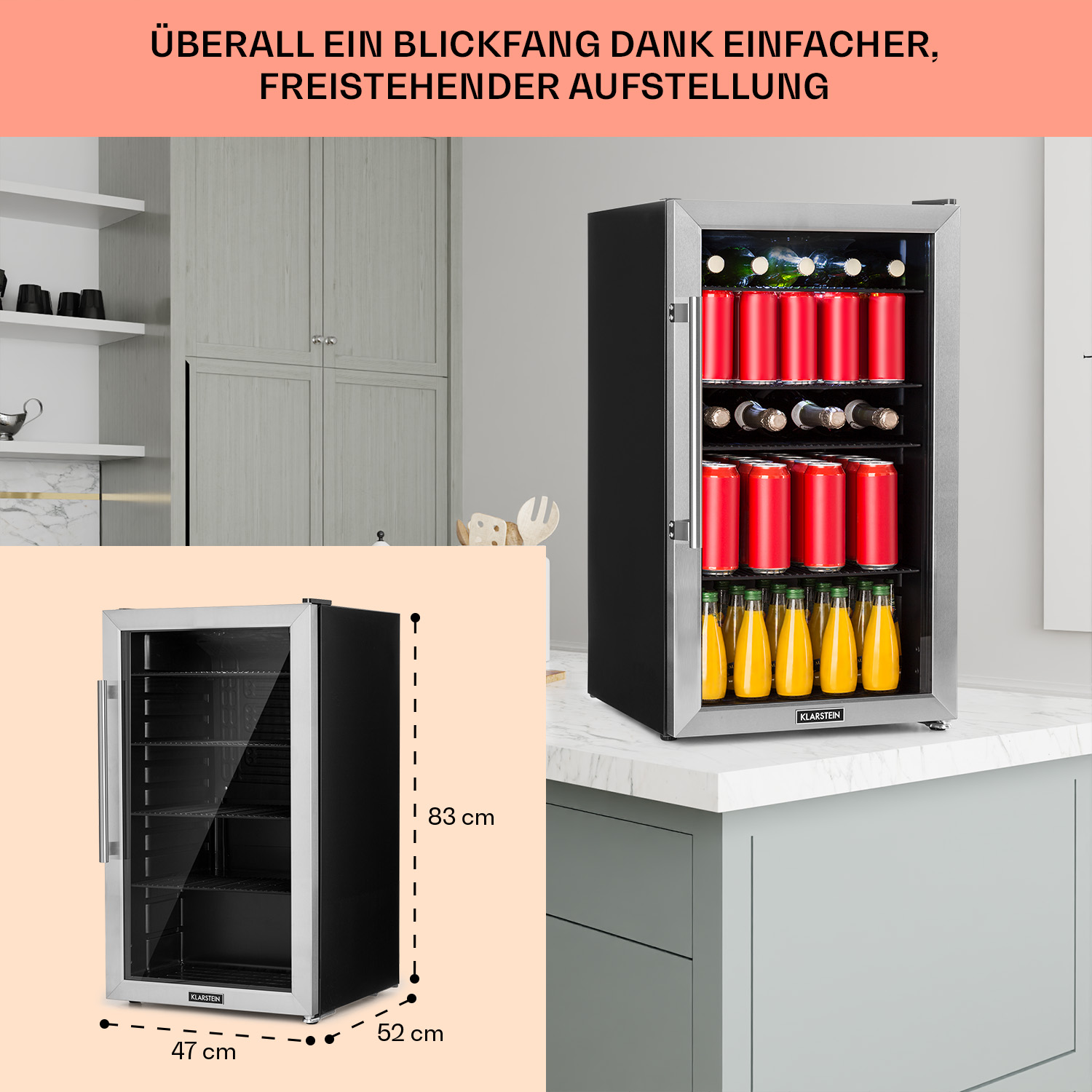 Un mini frigo argento e nero con porta a vetro e dimensioni in un ambiente cucina.