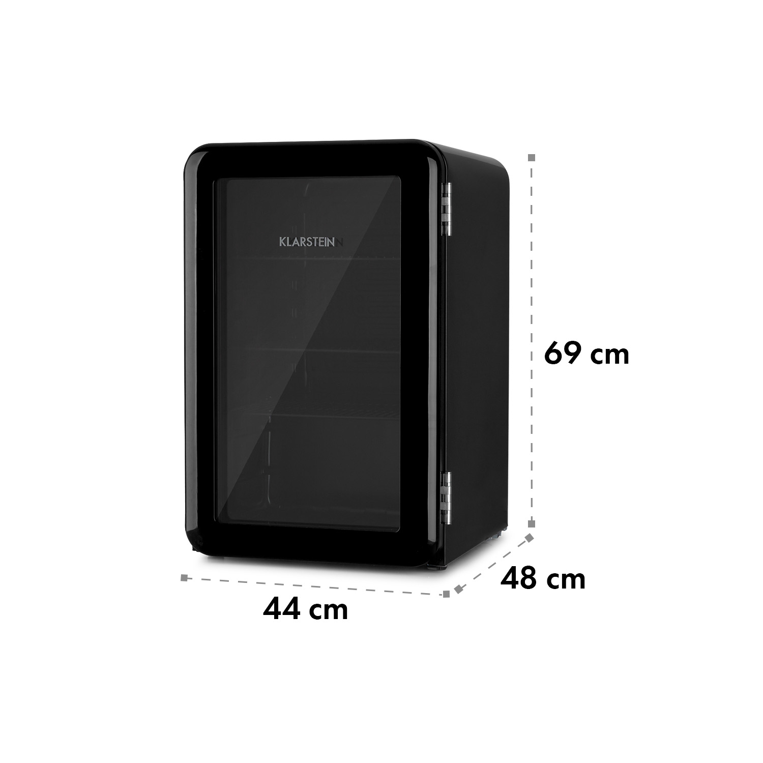 Mini frigo nero con porta in vetro. Le dimensioni sono indicate su sfondo bianco.