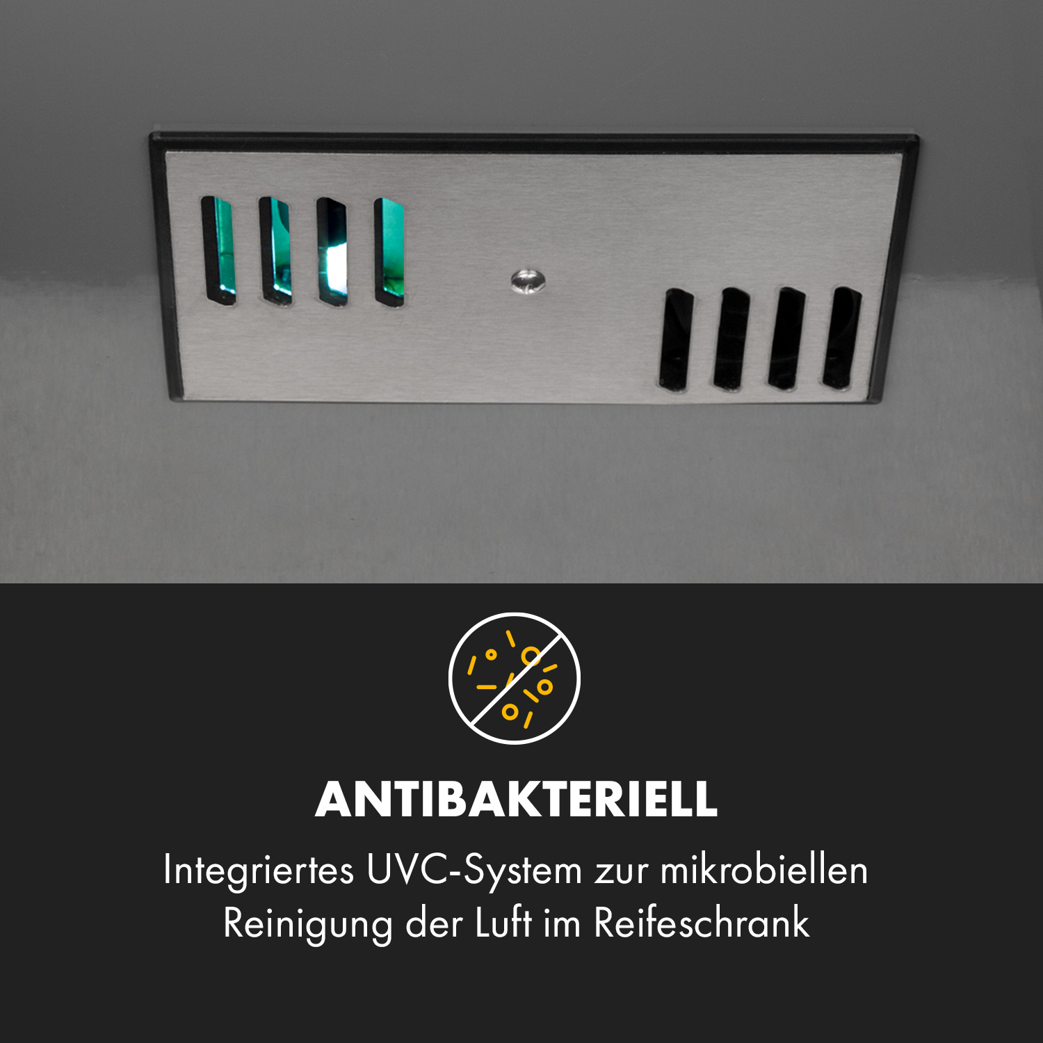 Panel mit Lüftungsschlitzen und dem Wort 'ANTIBAKTERIELL' mit UVC-System-Diagramm.