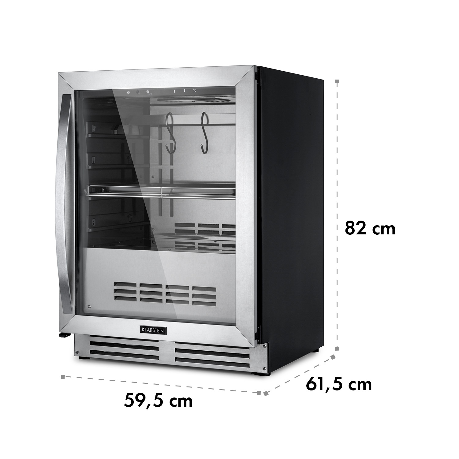 Ein Edelstahlkühlschrank mit Glastür, Abmessungen angezeigt, auf weißem Hintergrund.