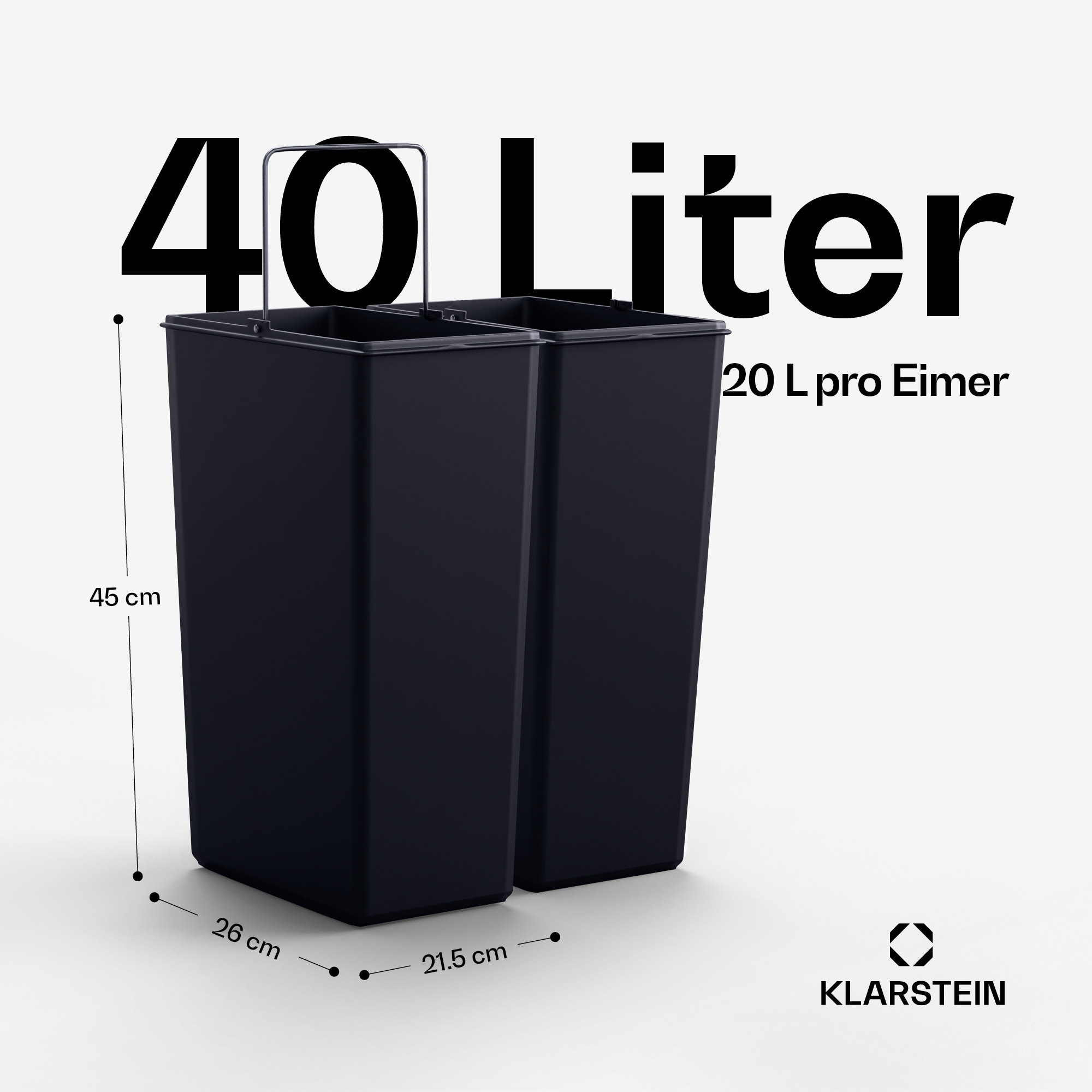 Zwei schwarze Mülleimer. Abmessungen und Messungen sind um die Behälter herum dargestellt. Text: 40 Liter.
