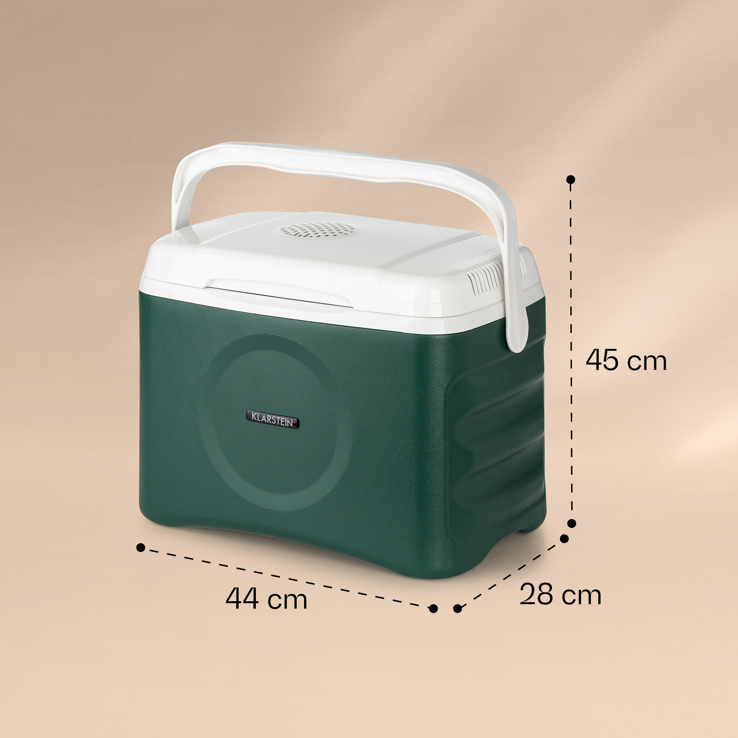 Nevera portátil verde y blanca con asa, dimensiones etiquetadas en los lados.